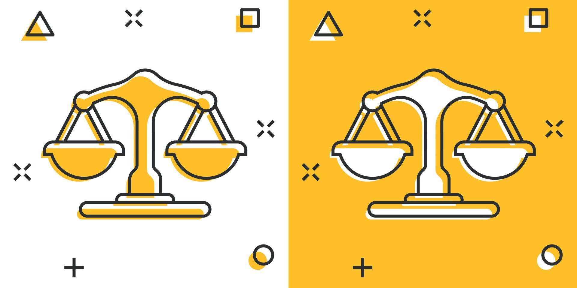 icono de escalas en estilo cómico. ilustración de vector de dibujos animados de libra sobre fondo aislado. concepto de negocio de signo de efecto de salpicadura de comparación masiva.