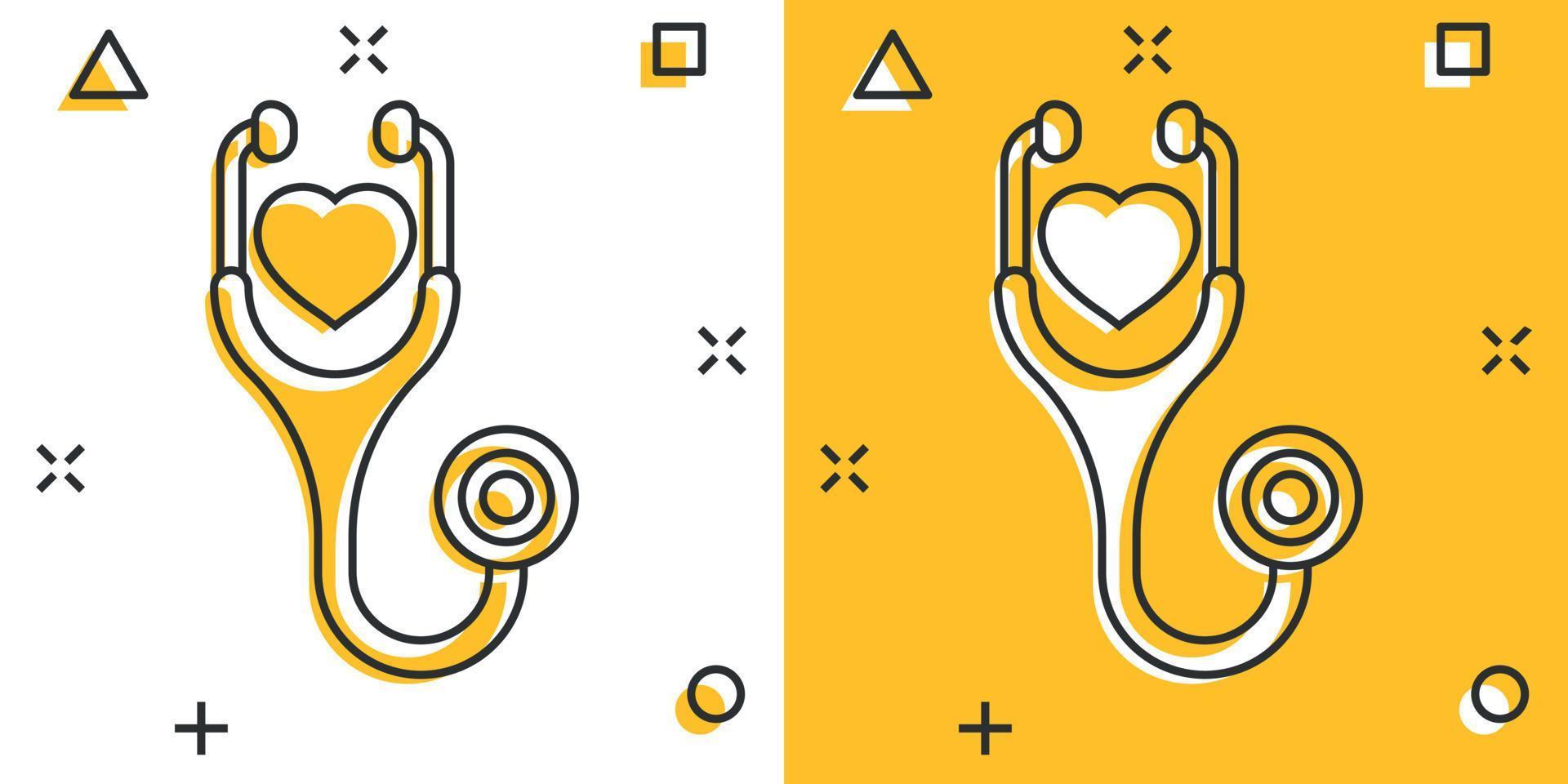 icono de estetoscopio en estilo cómico. ilustración de vector de dibujos animados de diagnóstico de corazón sobre fondo aislado. concepto de negocio de signo de efecto de salpicadura de medicina.