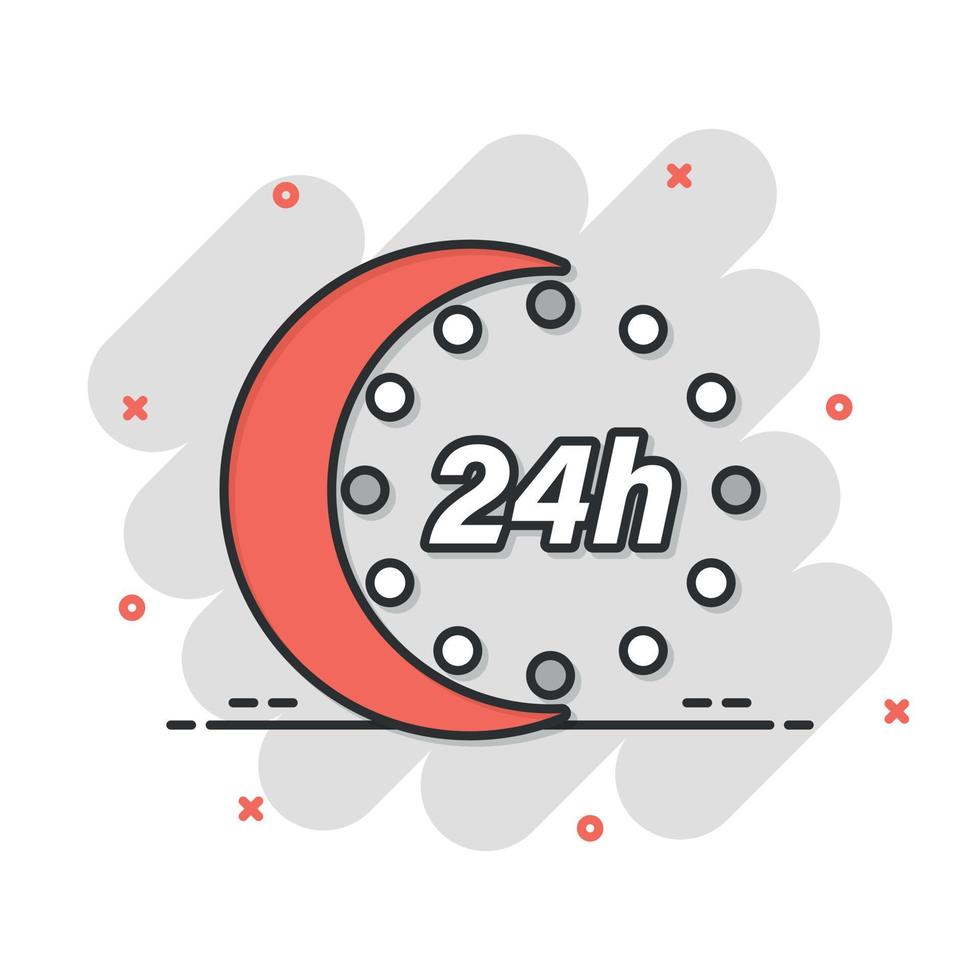 24 hours clock icon in comic style. Timer countdown cartoon vector illustration on isolated background. Time measure splash effect sign business concept.