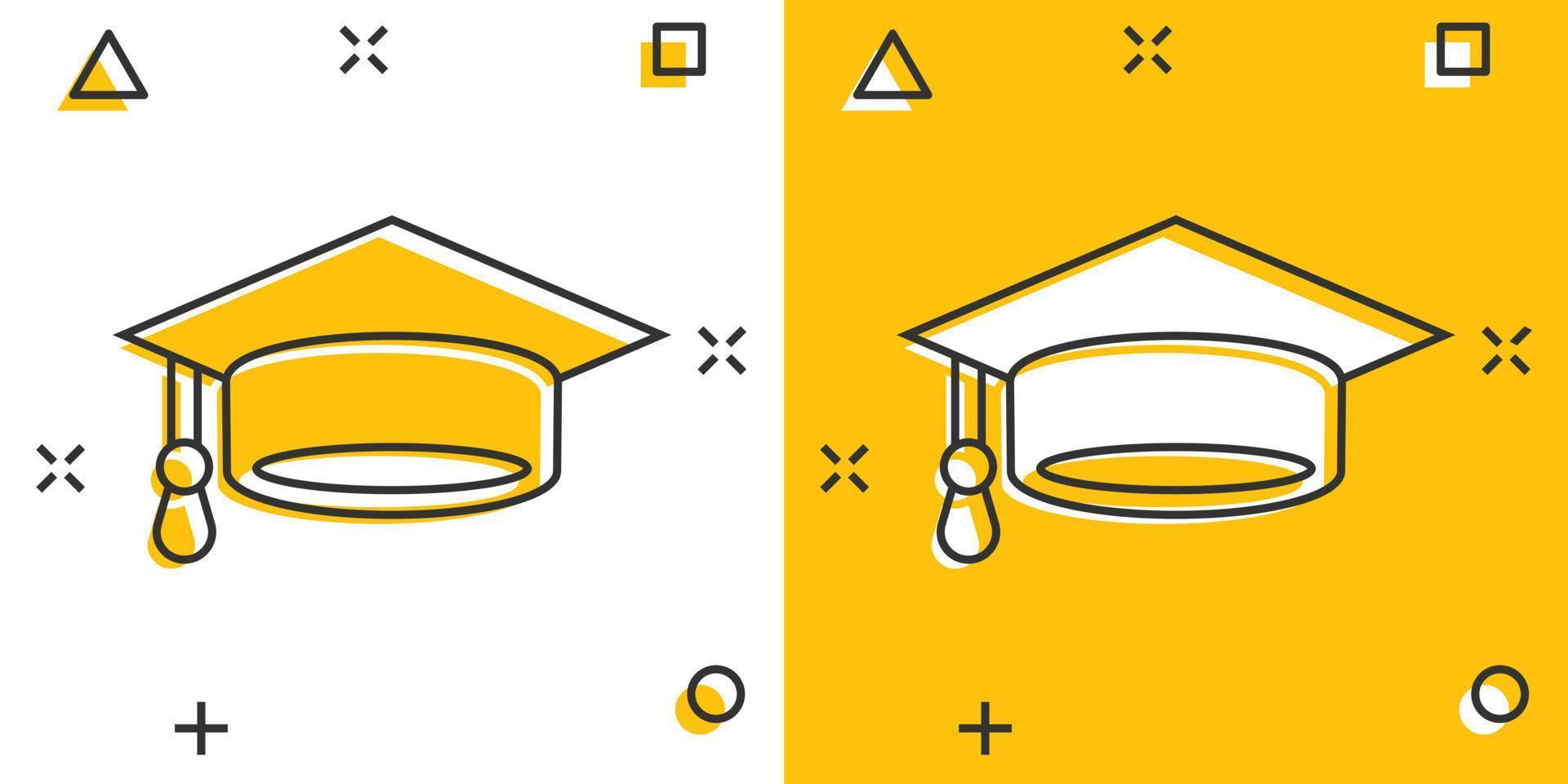 Graduation hat icon in comic style. Student cap cartoon vector illustration on white isolated background. University splash effect business concept.