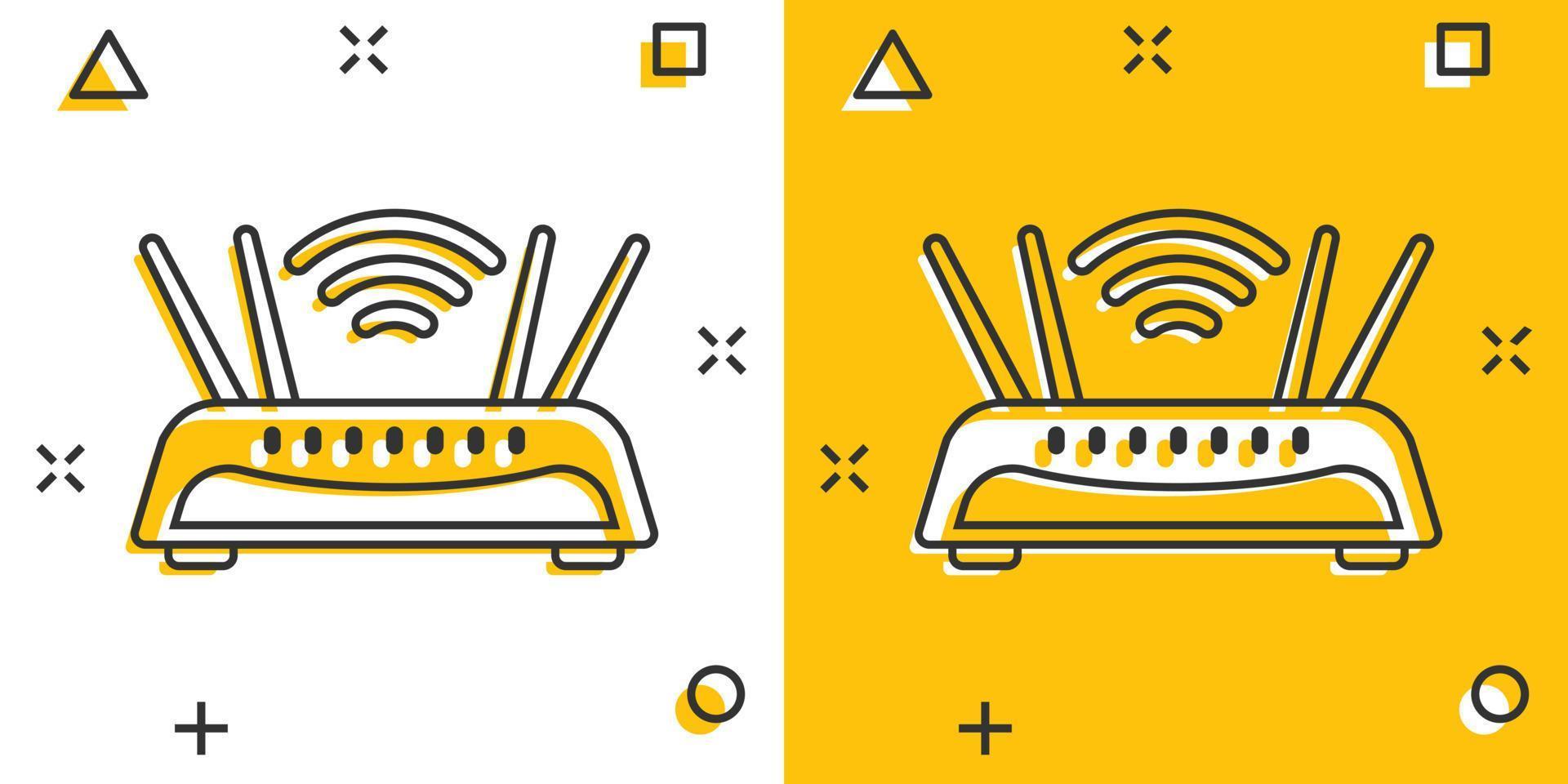 icono de enrutador wifi en estilo cómico. ilustración vectorial de dibujos animados de banda ancha sobre fondo blanco aislado. concepto de negocio de efecto de salpicadura de conexión a Internet. vector