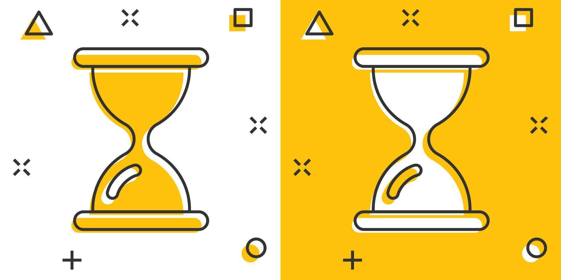Hourglass icon in comic style. Sandglass cartoon vector illustration on white isolated background. Clock splash effect business concept.