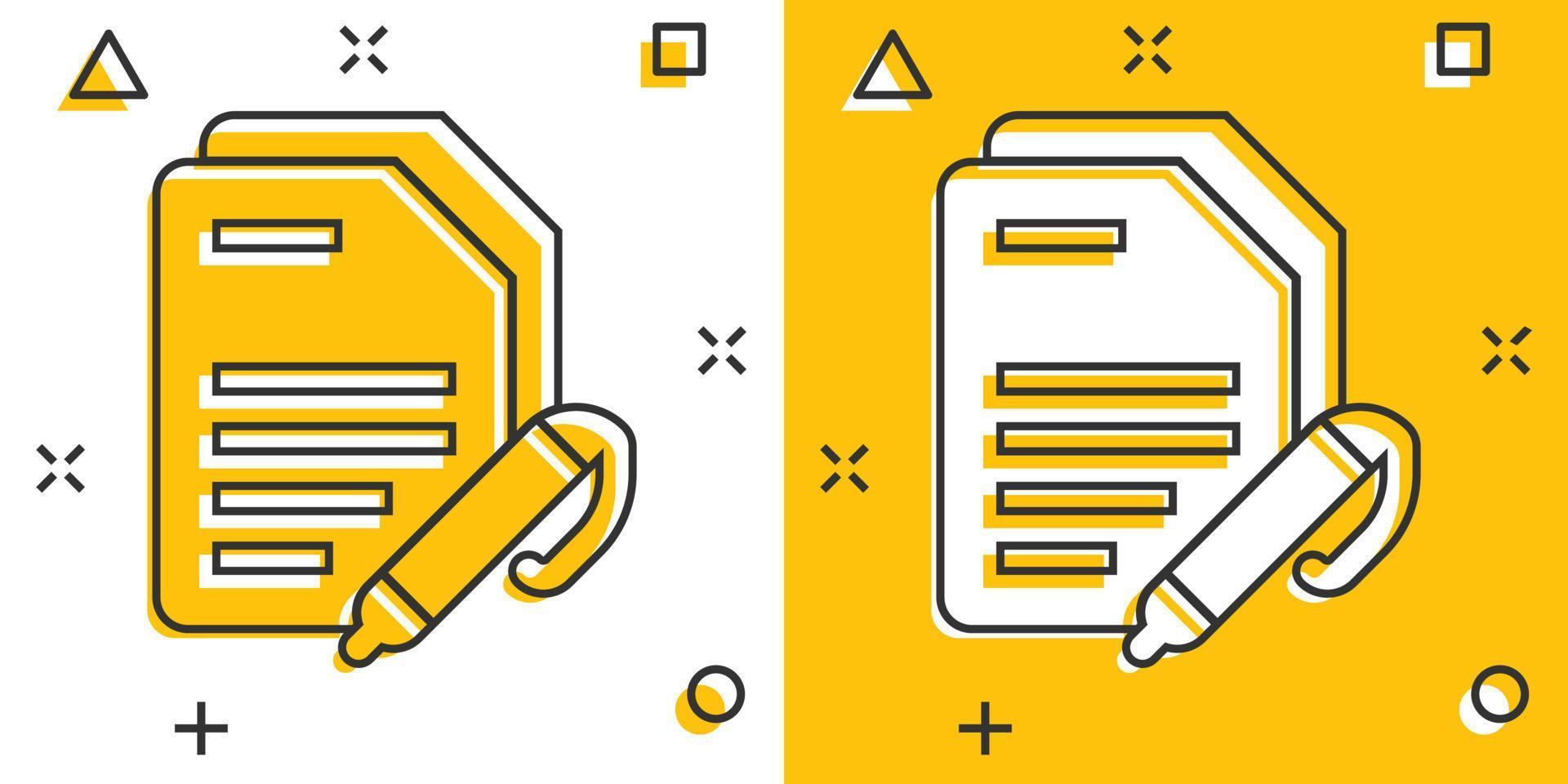 Blogging icon in comic style. Document with pen cartoon vector illustration on white isolated background. Content splash effect business concept.