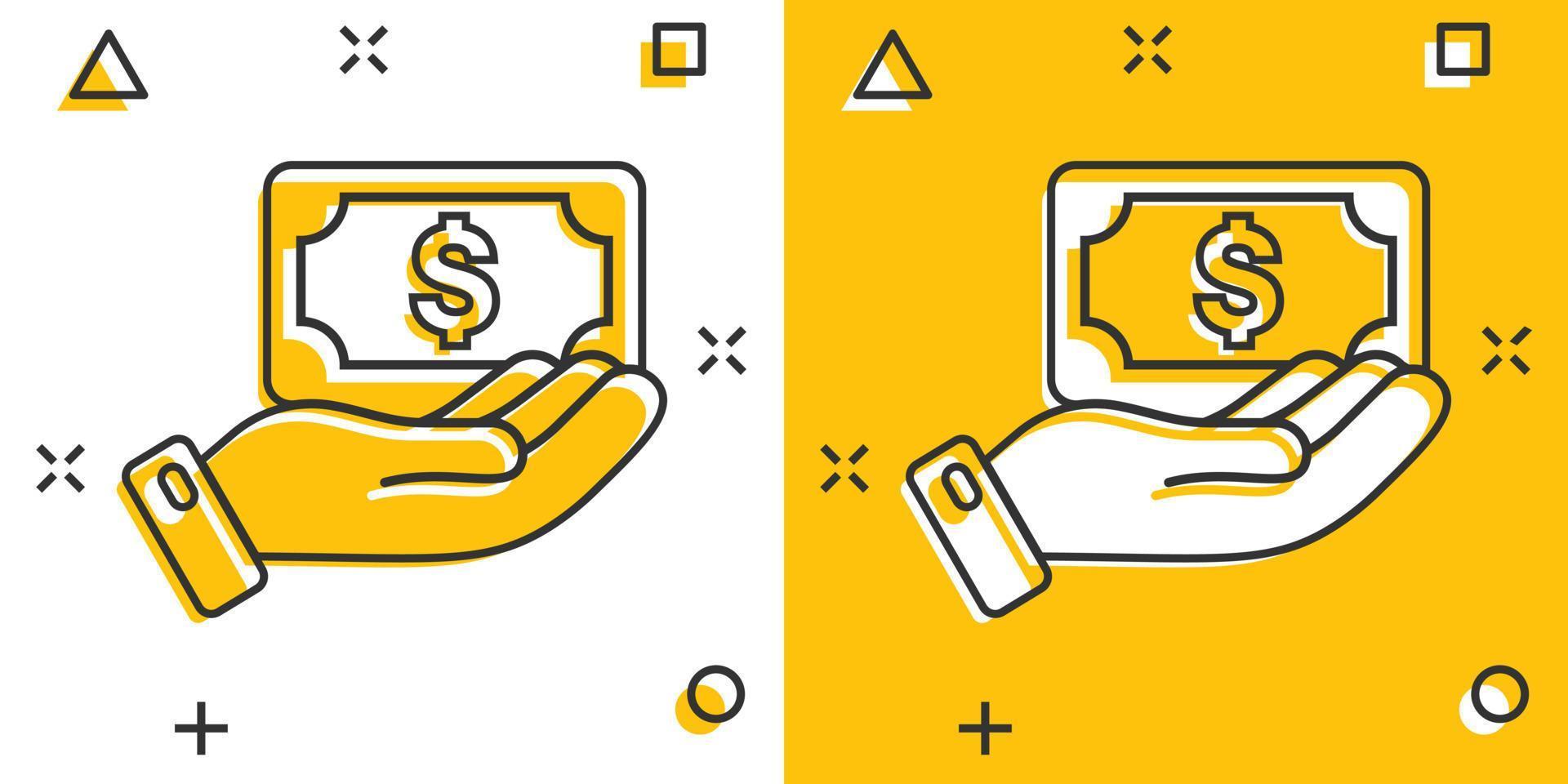 Remuneration icon in comic style. Money in hand cartoon vector illustration on white isolated background. Banknote payroll splash effect business concept.