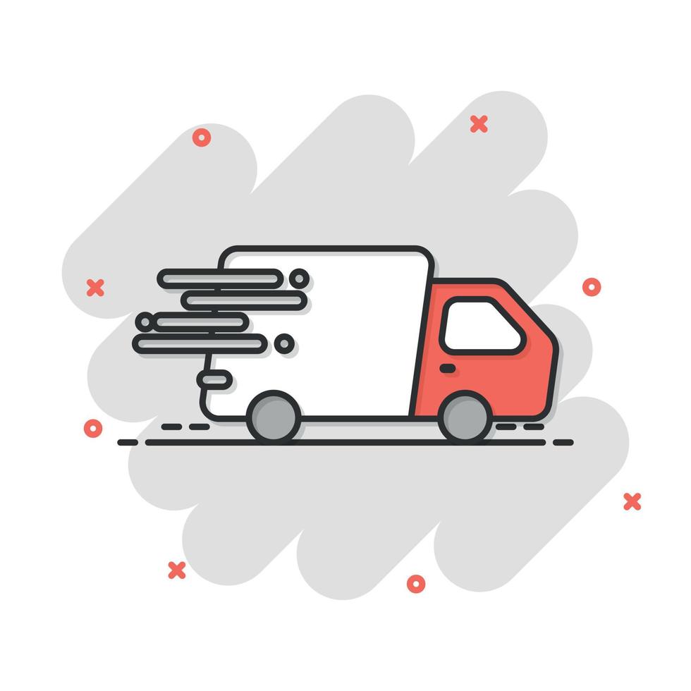 Shipping fast icon in comic style. Delivery truck cartoon vector illustration on isolated background. Express logistic splash effect sign business concept.