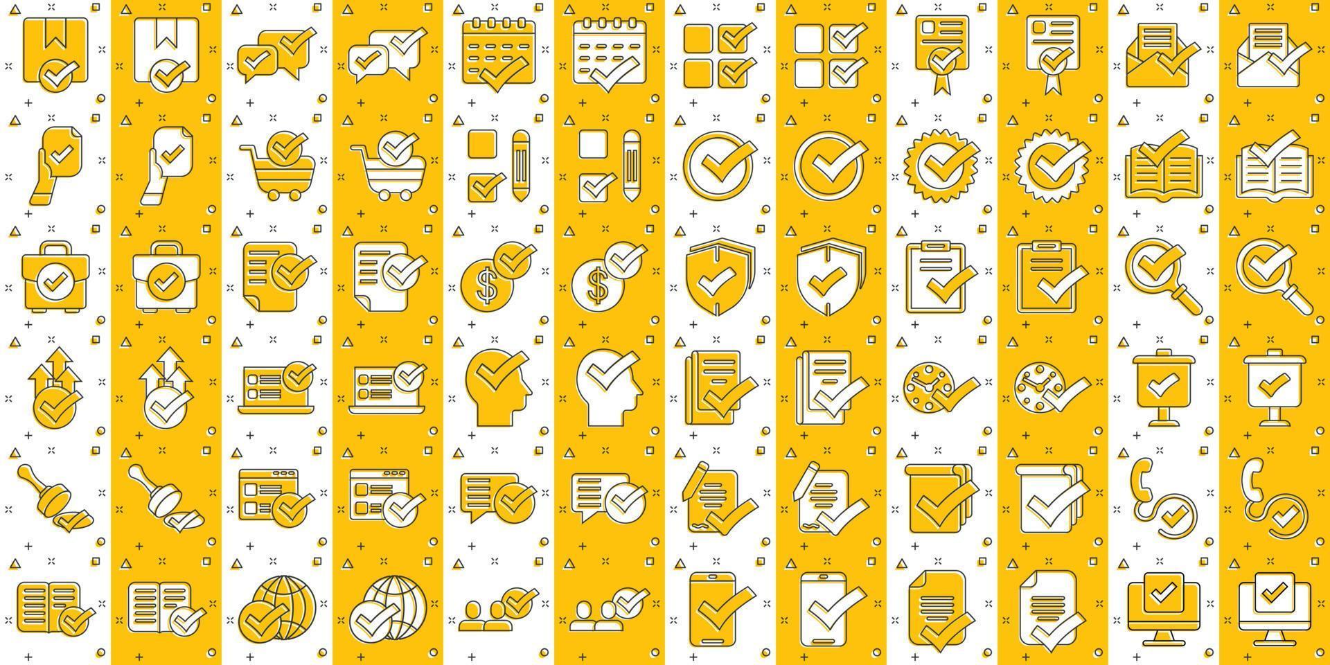 Approve icon set in comic style. Check mark cartoon vector illustration on white isolated background. Tick accepted splash effect business concept.