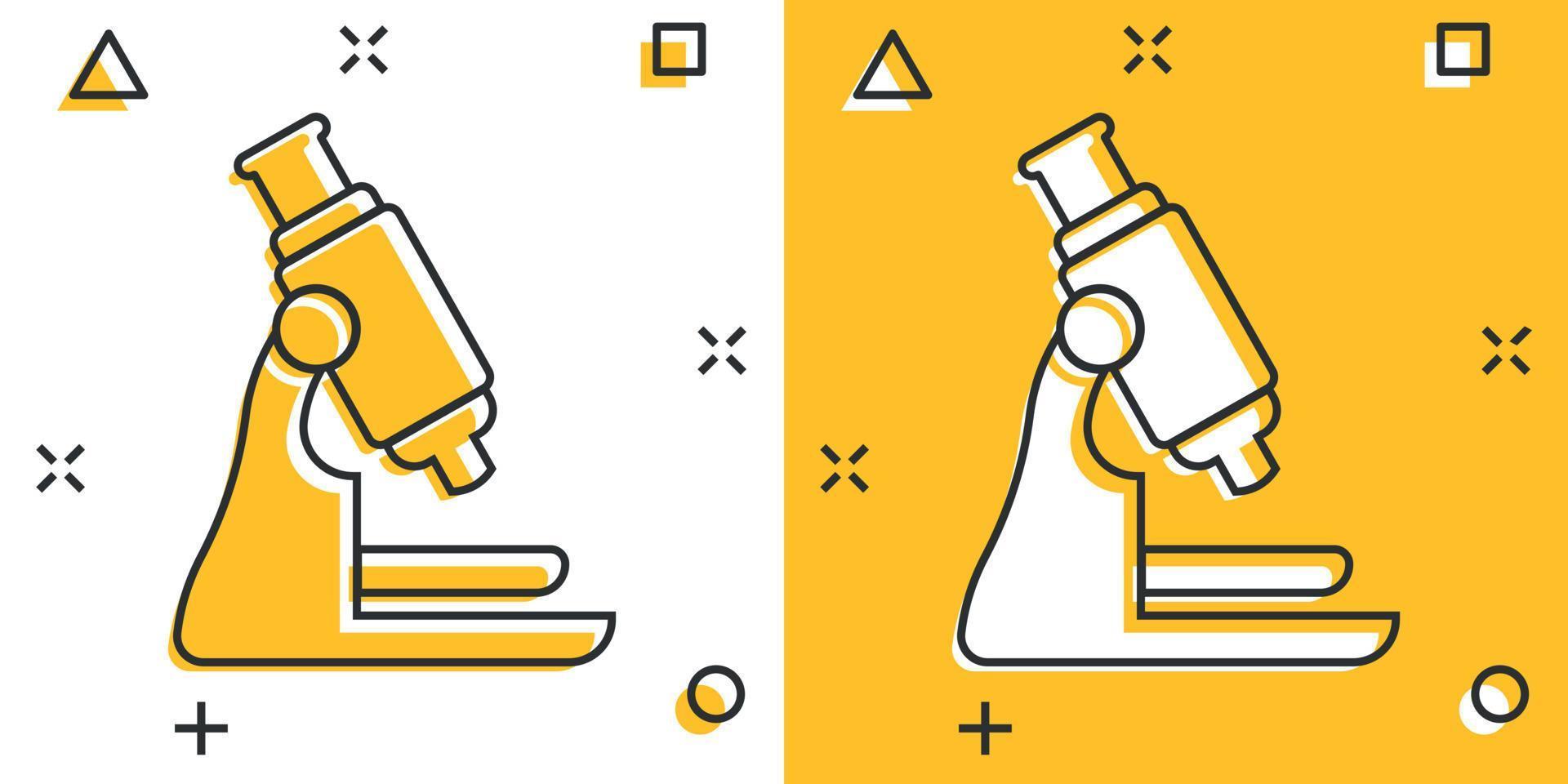 Microscope icon in comic style. Laboratory magnifier cartoon vector illustration on isolated background. Biology instrument splash effect sign business concept.