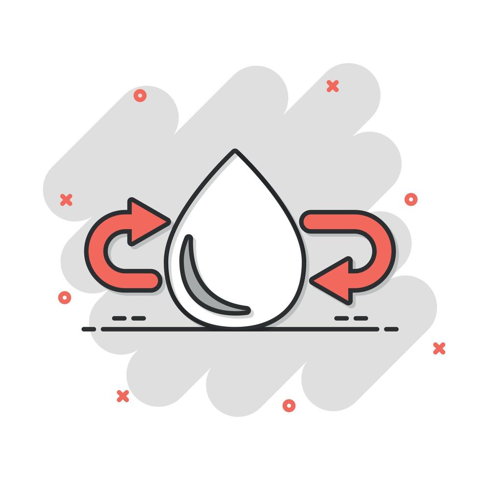 icono de gota de agua en estilo cómico. ilustración de vector de dibujos animados de gota sobre fondo blanco aislado. reciclar el concepto de negocio de signo de efecto de salpicadura.