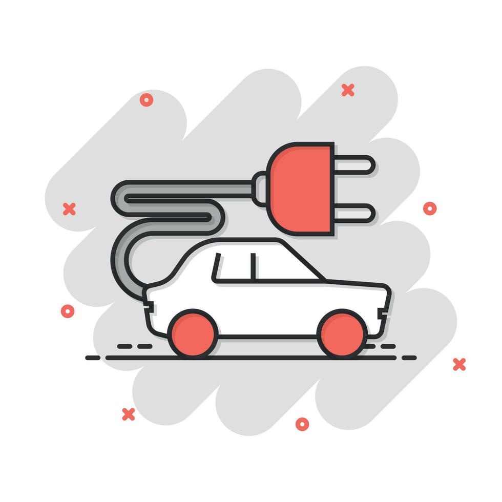 icono de coche eléctrico en estilo cómico. ilustración de vector de dibujos animados electro auto sobre fondo blanco aislado. concepto de negocio de efecto de salpicadura de transporte ecológico.