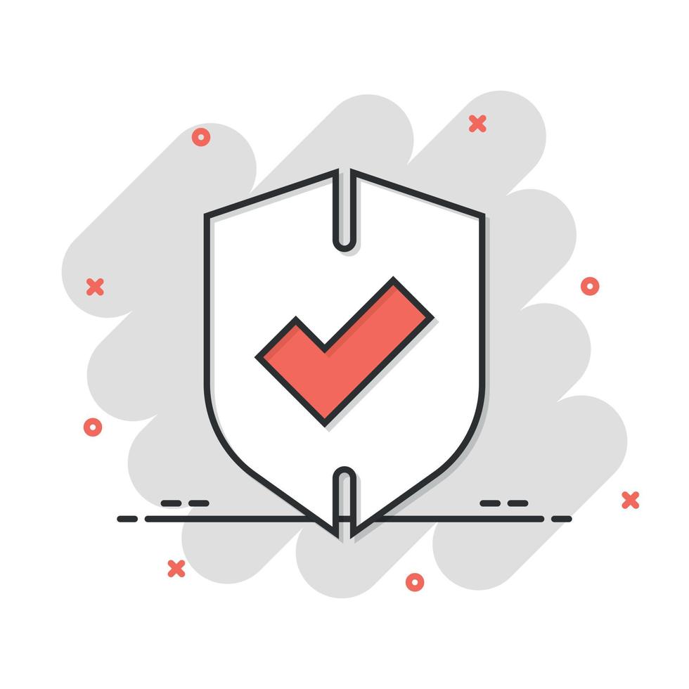 Shield with check mark icon in comic style. Protect cartoon vector illustration on white isolated background. Checkmark guard splash effect business concept.