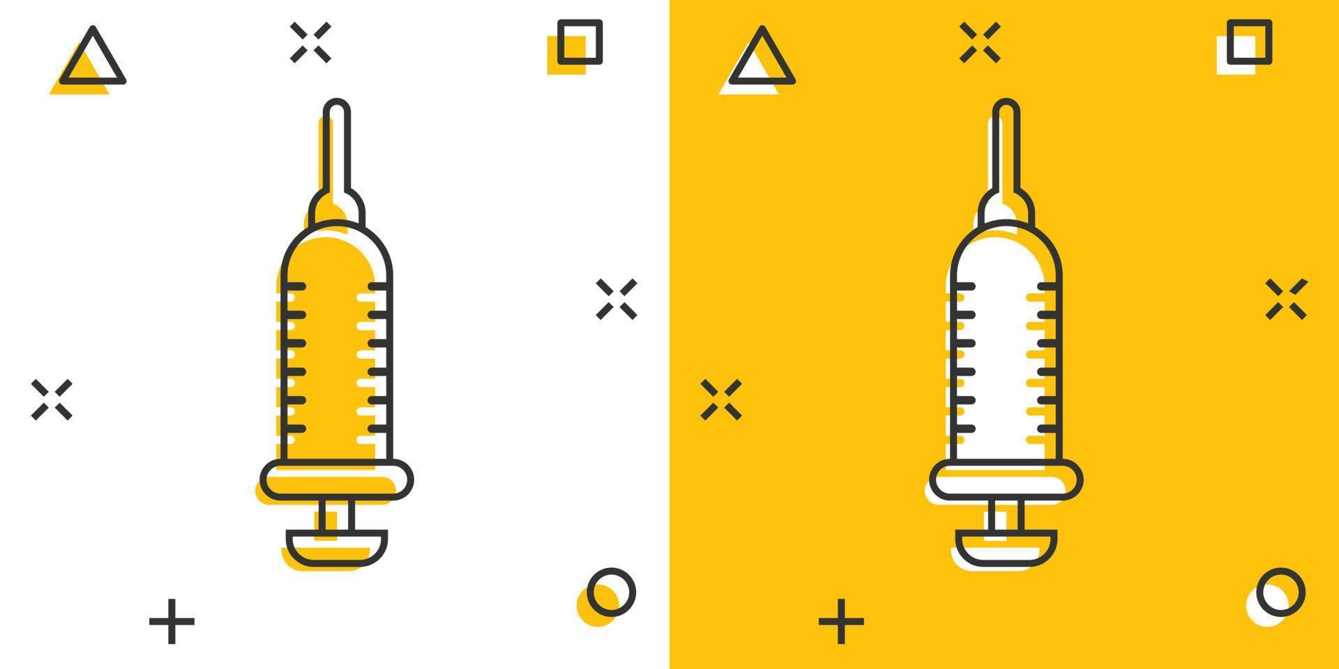 Syringe icon in comic style. Inject needle cartoon vector illustration on white isolated background. Drug dose splash effect business concept.