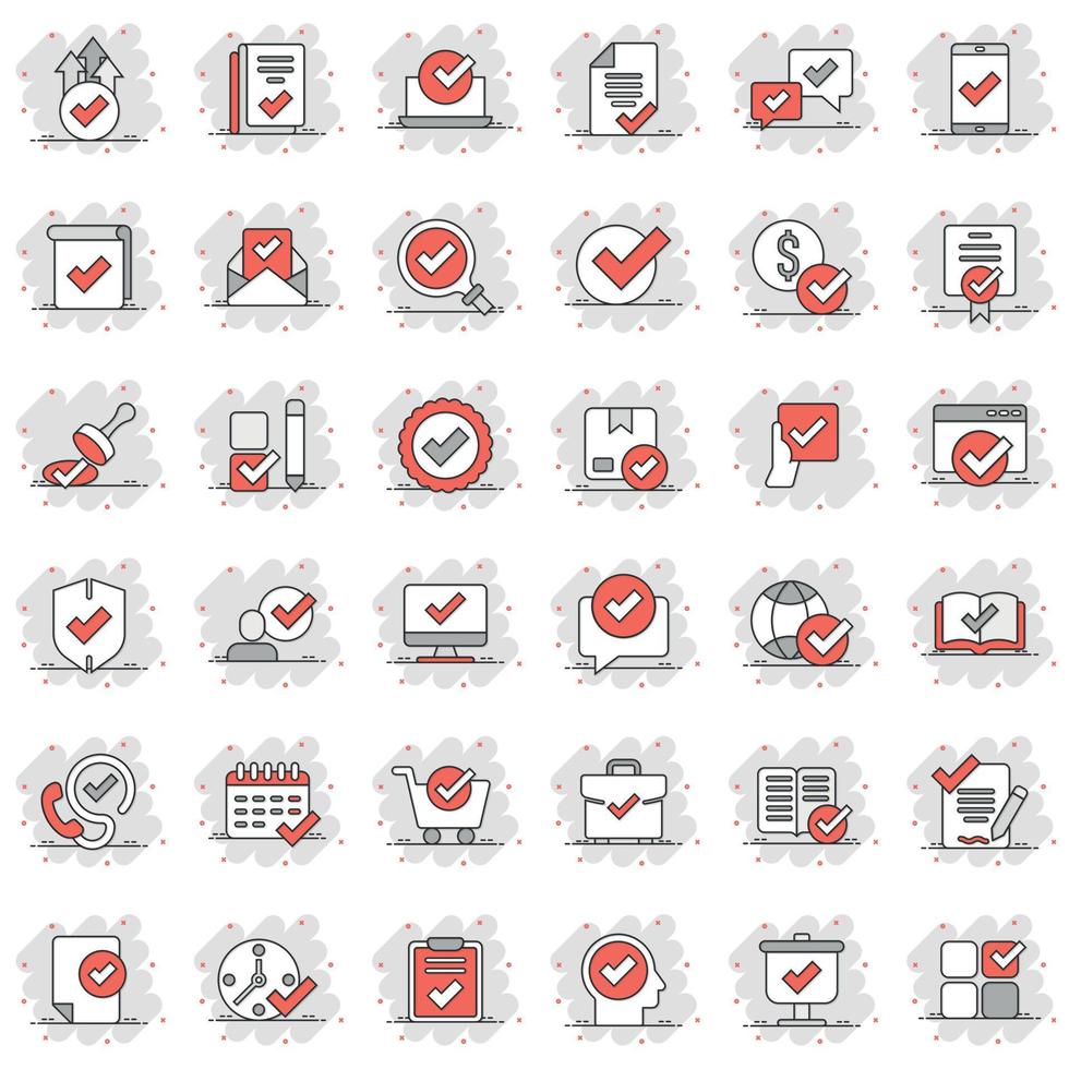 Approve icon set in comic style. Check mark cartoon vector illustration on white isolated background. Tick accepted splash effect business concept.