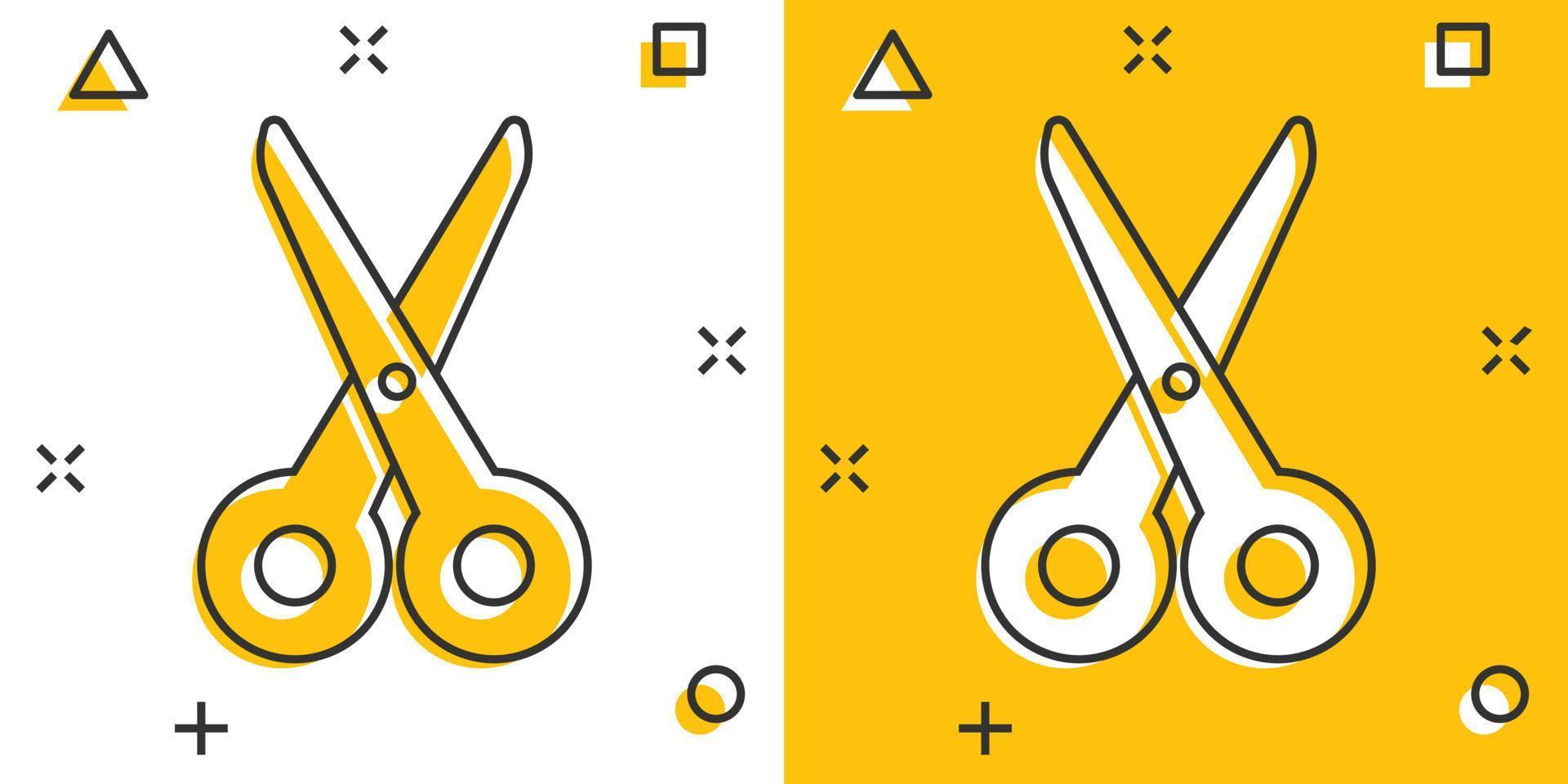 Scissor icon in comic style. Cut equipment cartoon vector illustration on white isolated background. Cutter splash effect business concept.