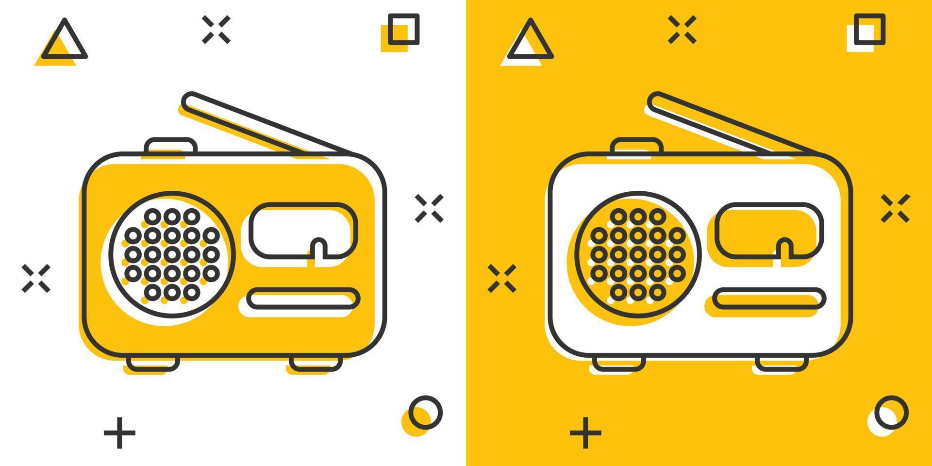 Radio icon in comic style. Fm broadcast cartoon vector illustration on white isolated background. Radiocast splash effect business concept.