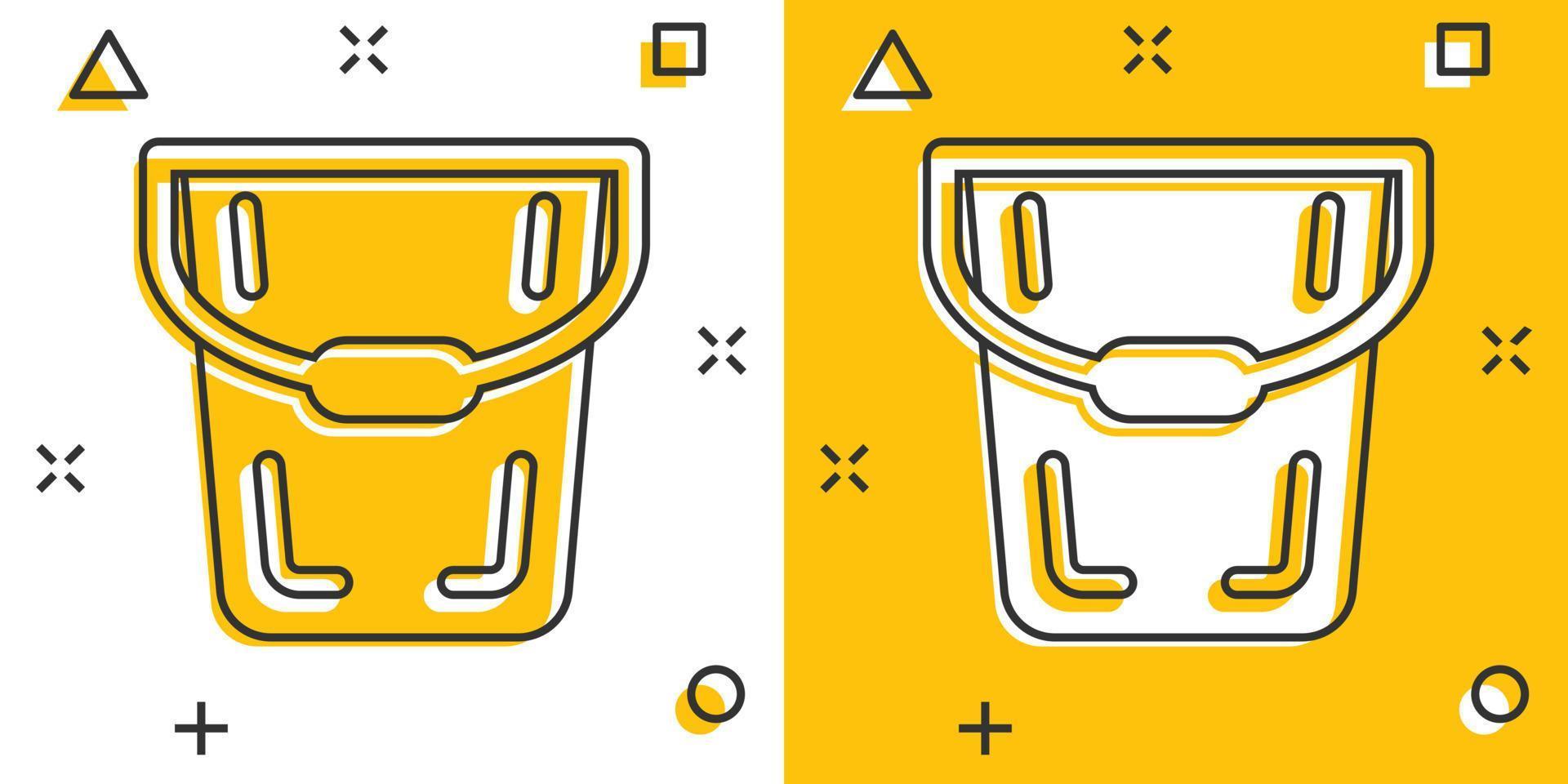 Bucket icon in comic style. Garbage pot cartoon vector illustration on white isolated background. Pail splash effect business concept.
