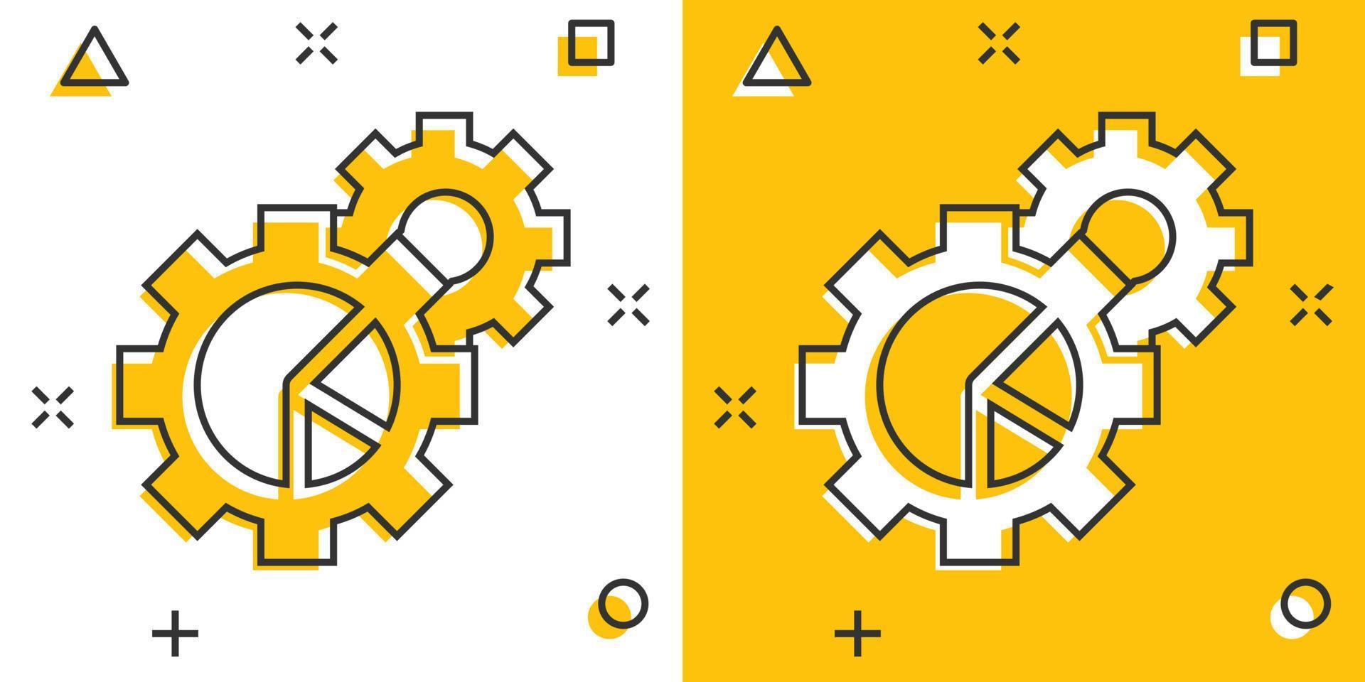 Workflow chart icon in comic style. Gear with diagram cartoon vector illustration on white isolated background. Process organization splash effect business concept.