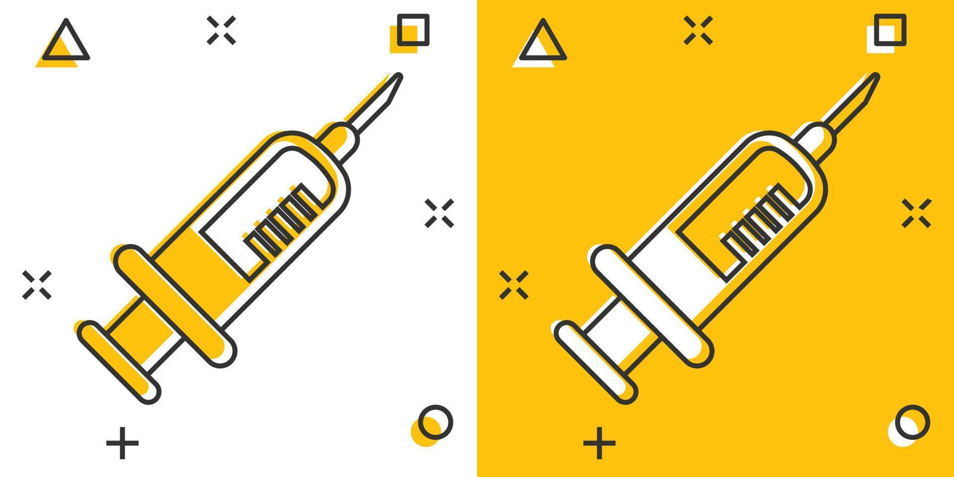 Syringe icon in comic style. Coronavirus vaccine inject cartoon vector illustration on isolated background. Covid-19 vaccination splash effect sign business concept.