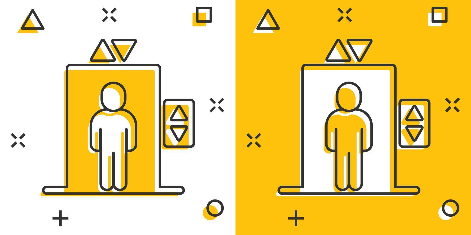 icono de ascensor en estilo cómico. levante la ilustración vectorial de dibujos animados sobre fondo blanco aislado. concepto de negocio de efecto de salpicadura de transporte de pasajeros. vector