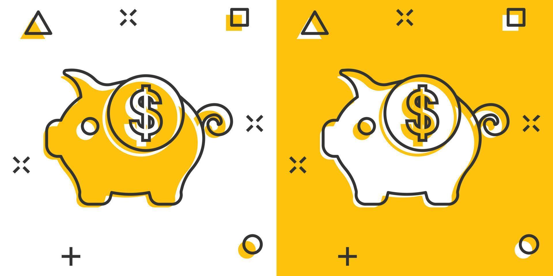 Money box icon in comic style. Pig container cartoon vector illustration on white isolated background. Piggy bank splash effect business concept.