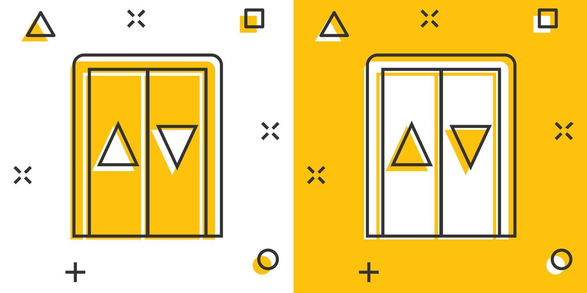 Elevator icon in comic style. Lift cartoon vector illustration on white isolated background. Passenger transportation splash effect business concept.