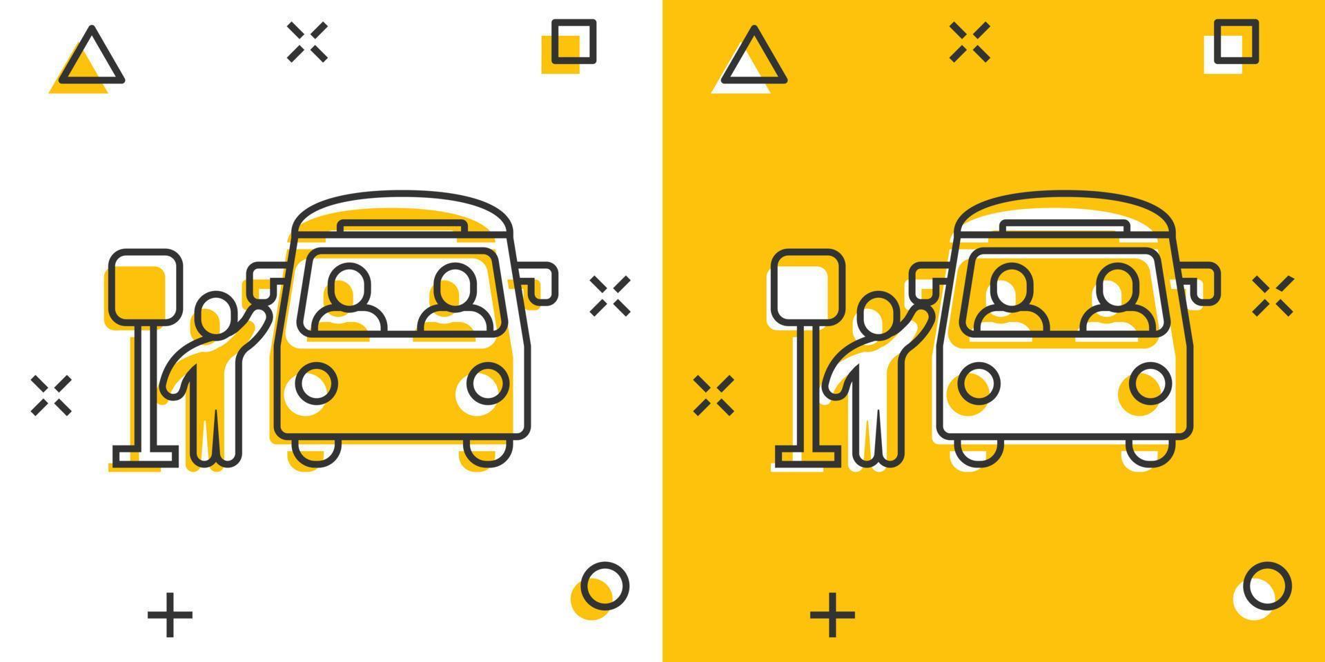 Bus station icon in comic style. Auto stop cartoon vector illustration on white isolated background. Autobus vehicle splash effect business concept.