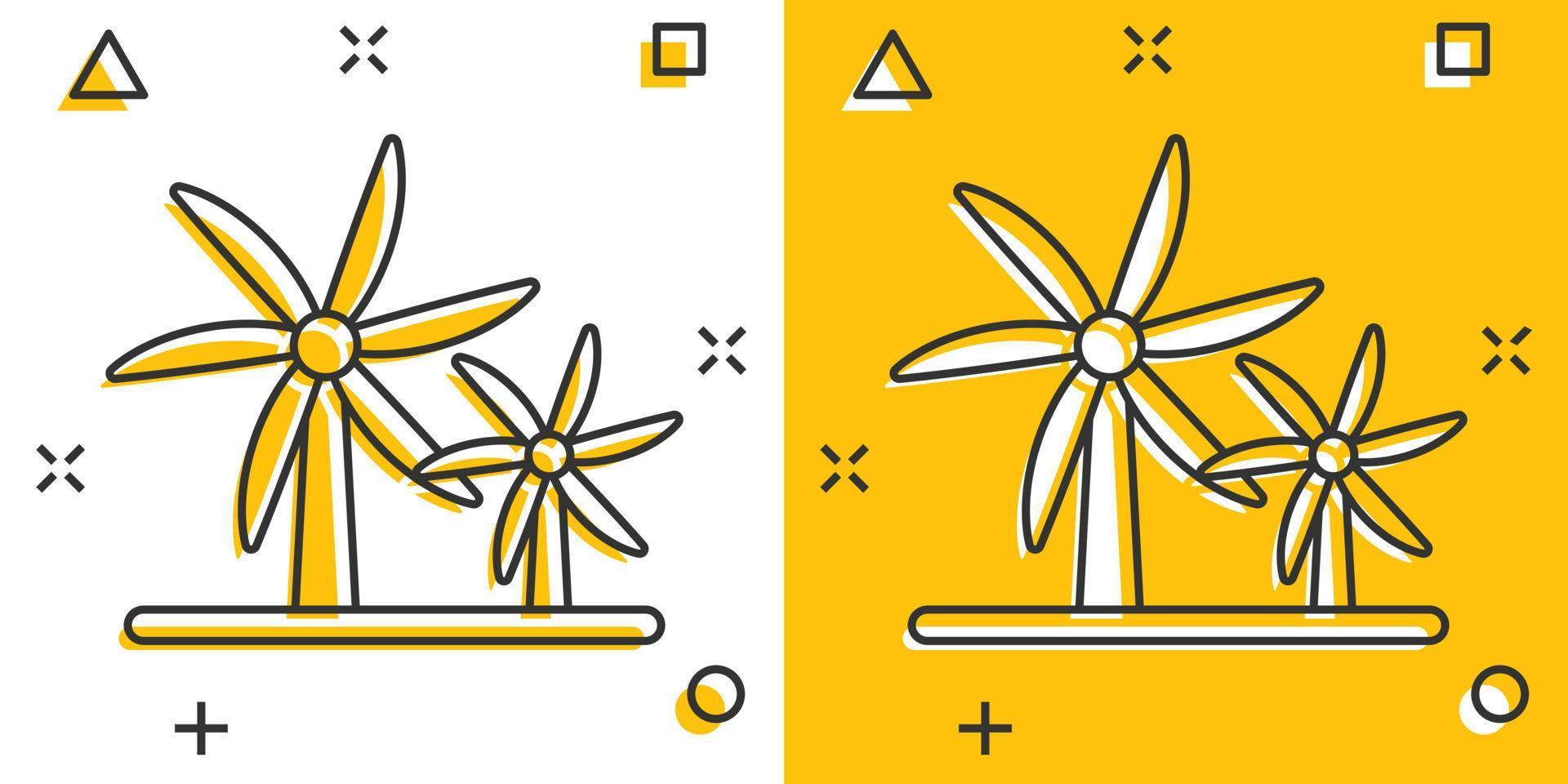 icono de planta de energía eólica en estilo cómico. Ilustración de vector de dibujos animados de turbina sobre fondo blanco aislado. concepto de negocio de signo de efecto de salpicadura de energía de aire.