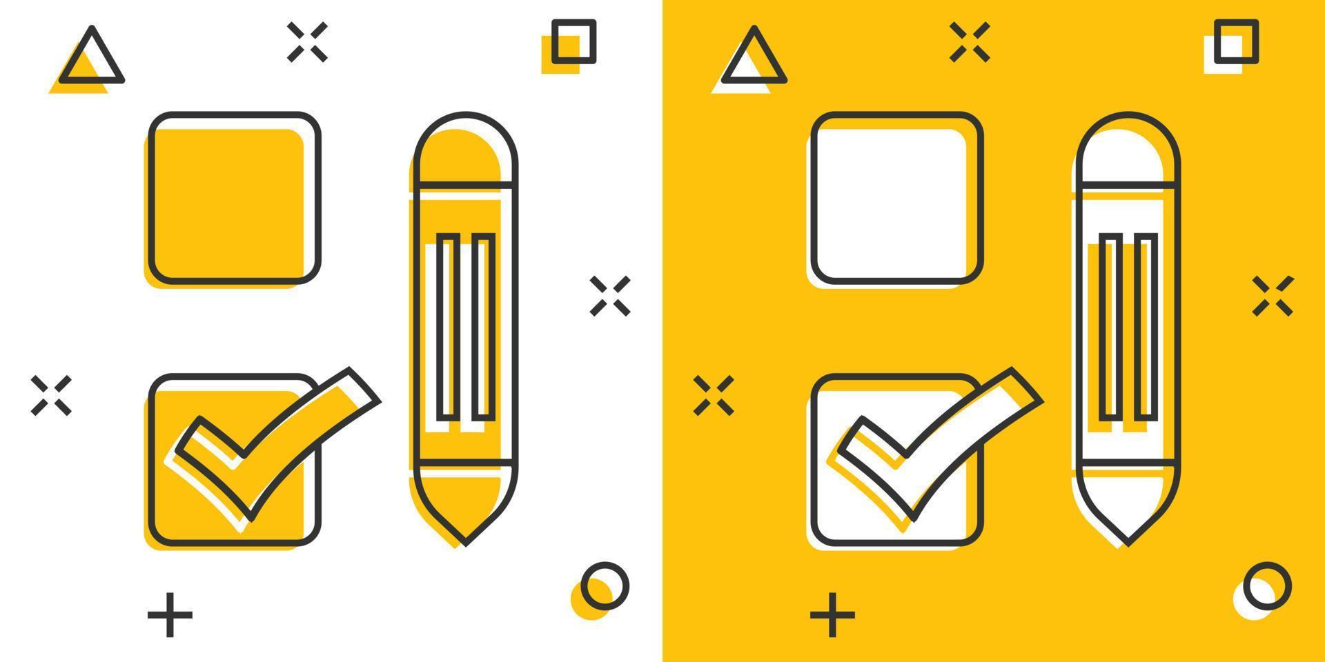 Checklist document icon in comic style. Survey cartoon vector illustration on white isolated background. Check mark choice splash effect business concept.