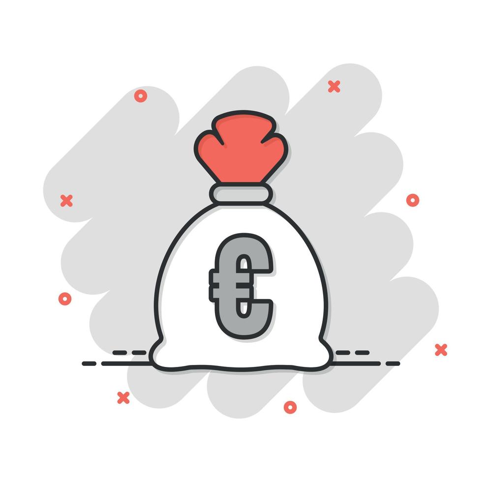 icono de bolsa de dinero en estilo cómico. Ilustración de vector de dibujos animados de bolsa de dinero sobre fondo aislado. signo de efecto de salpicadura de saco de monedas concepto de negocio.