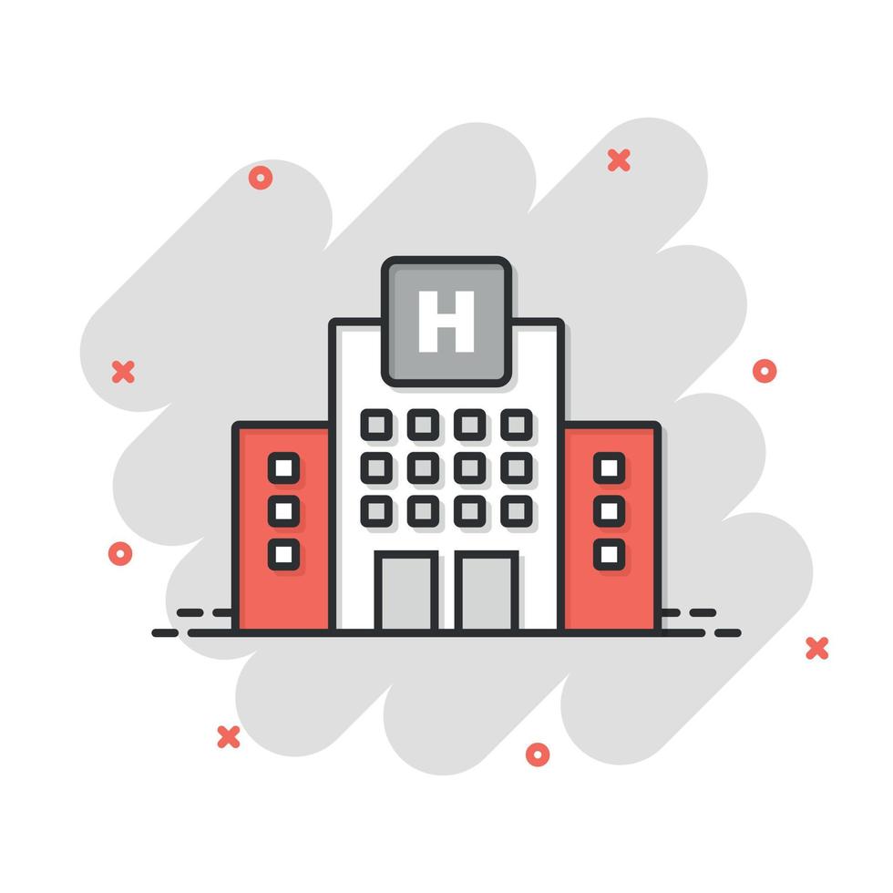 icono del edificio del hospital en estilo cómico. ilustración de vector de dibujos animados de clínica médica sobre fondo aislado. concepto de negocio de signo de efecto de salpicadura de medicina.