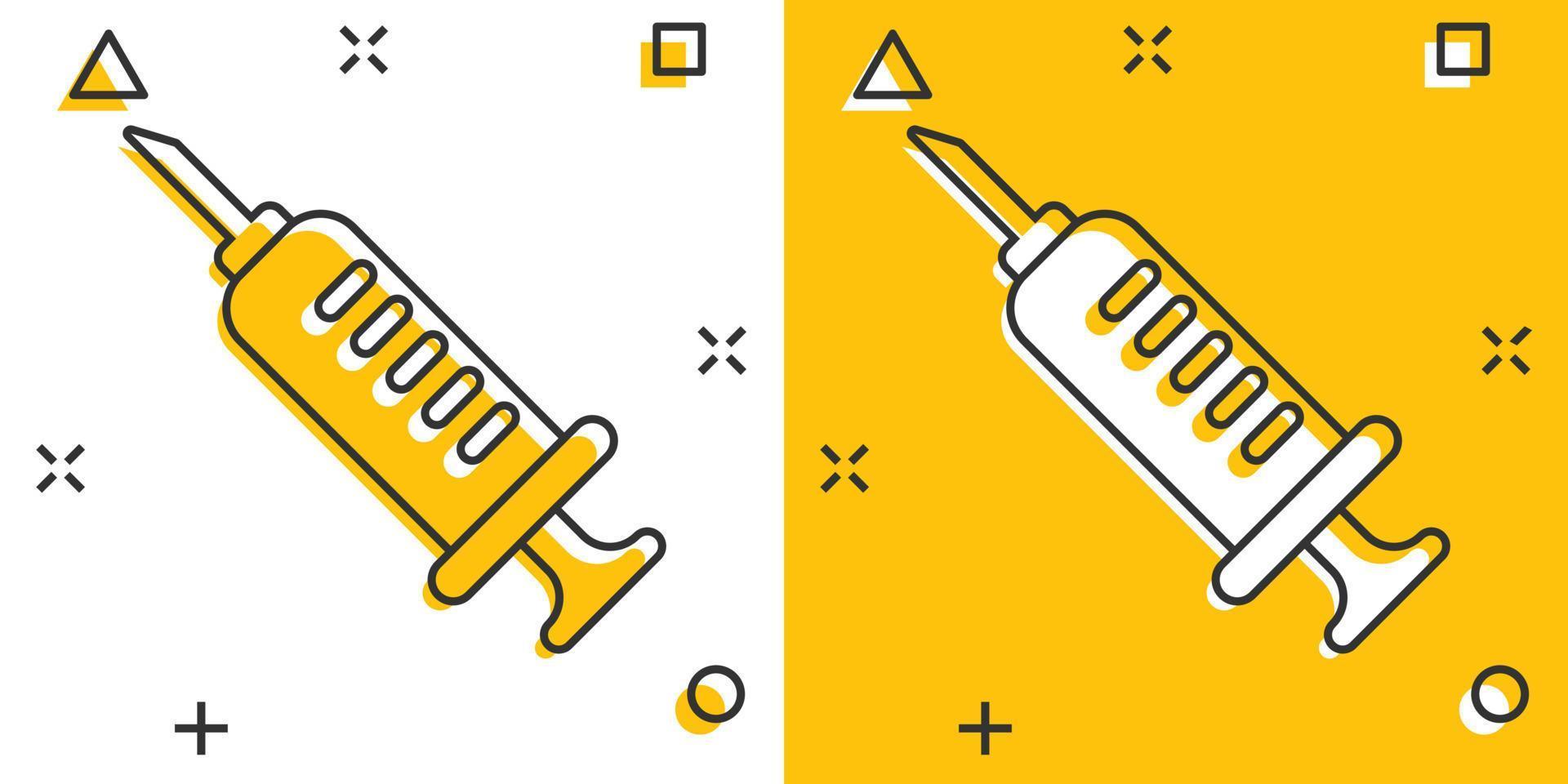 Syringe icon in comic style. Inject needle cartoon vector illustration on white isolated background. Drug dose splash effect business concept.