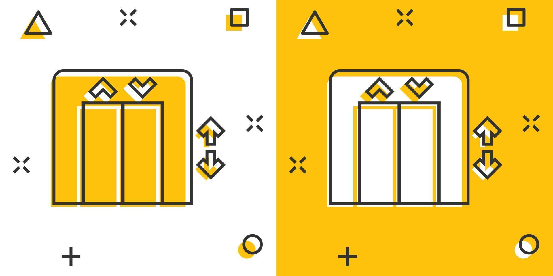 Elevator icon in comic style. Lift cartoon vector illustration on white isolated background. Passenger transportation splash effect business concept.