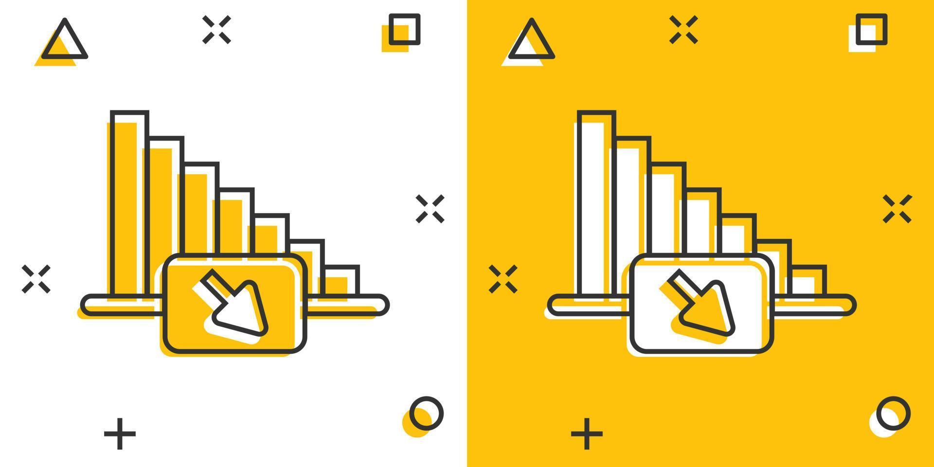 Market trend icon in comic style. Decline arrow with magnifier cartoon vector illustration on white isolated background. Decrease splash effect business concept.