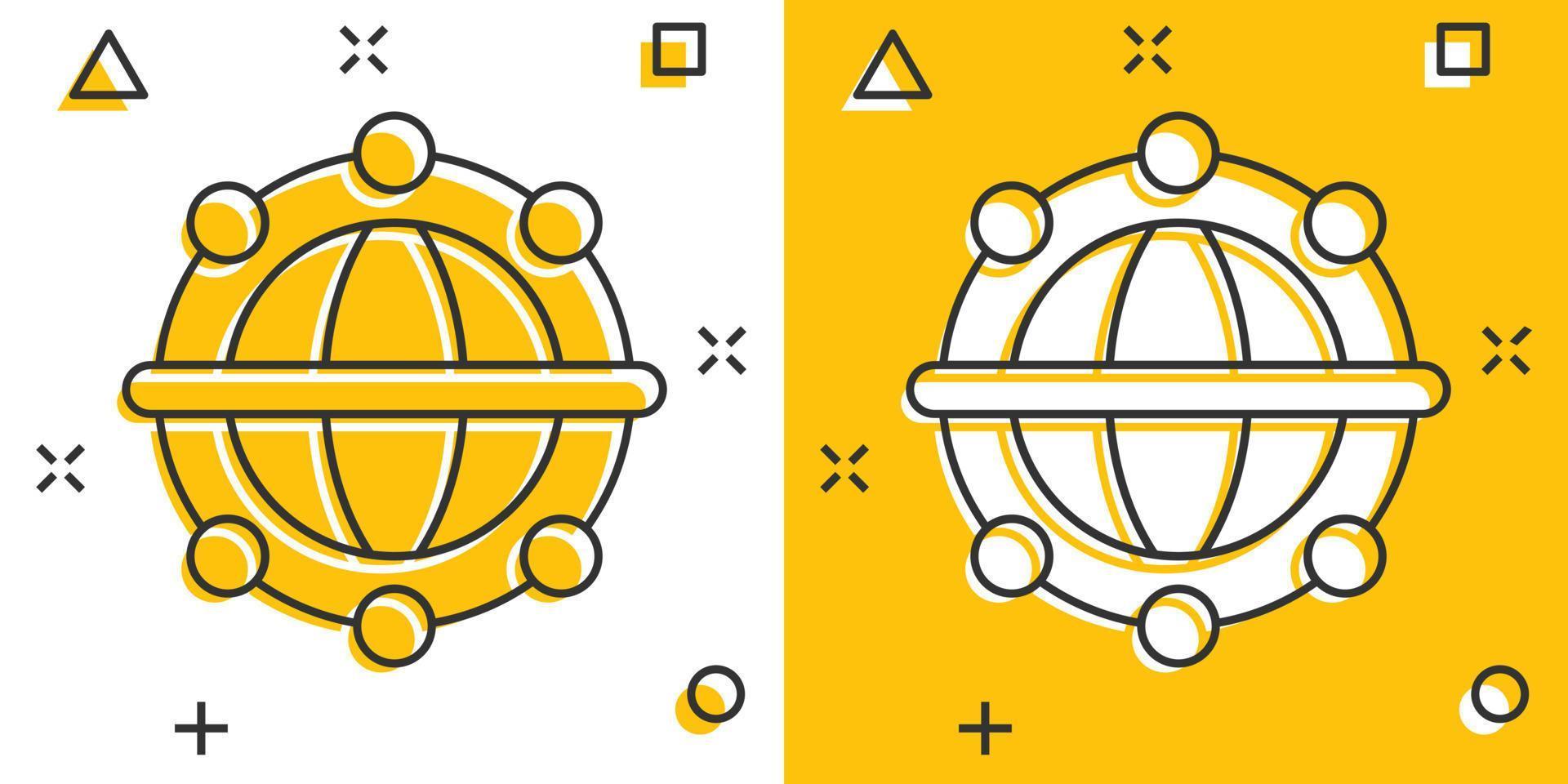 icono del planeta tierra en estilo cómico. ilustración de vector de dibujos animados geográficos de globo sobre fondo blanco aislado. concepto de negocio de efecto de salpicadura de comunicación global.