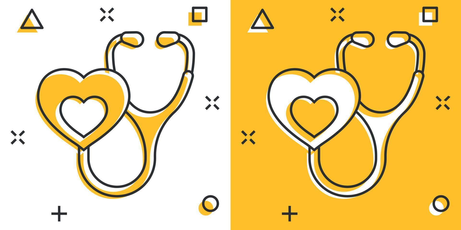 Stethoscope icon in comic style. Heart diagnostic cartoon vector illustration on isolated background. Medicine splash effect sign business concept.