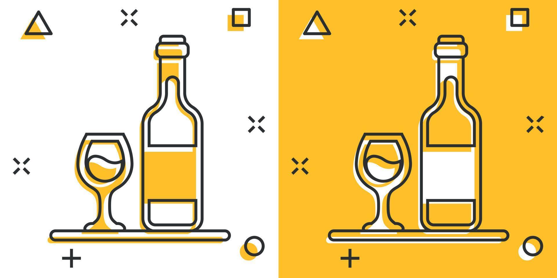 icono de copa y botella de vino en estilo cómico. Ilustración de vector de dibujos animados de bebidas de champán sobre fondo aislado. concepto de negocio de señal de efecto de salpicadura de bebida de cóctel.