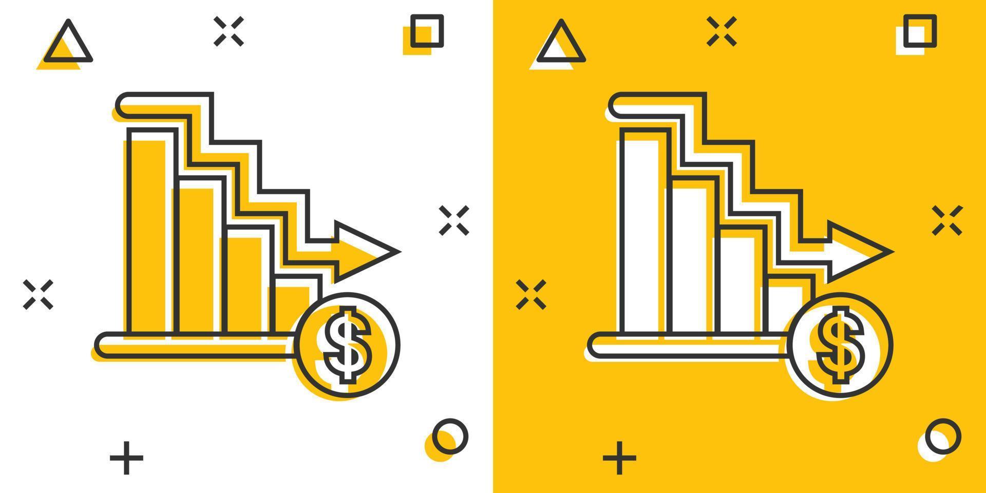 Market trend icon in comic style. Decline arrow with magnifier cartoon vector illustration on white isolated background. Decrease splash effect business concept.