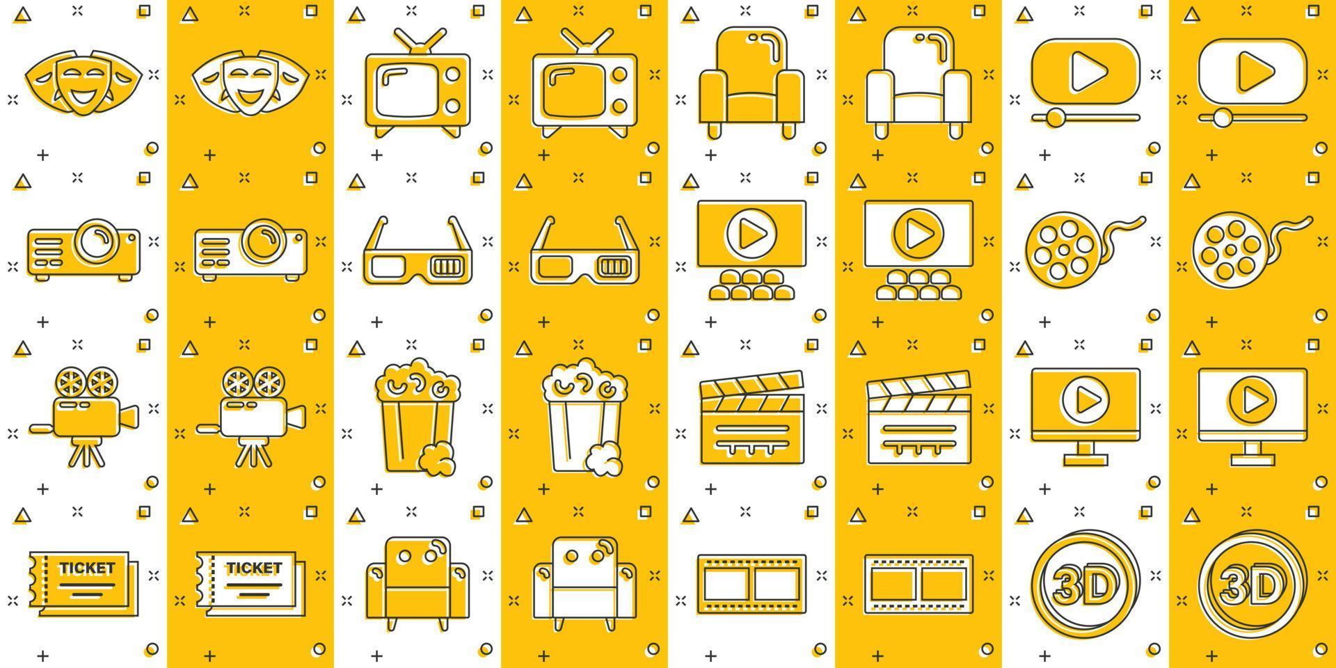 Cinema line icons in comic style. Entertainment set cartoon vector illustration on white isolated background. Movie media splash effect business concept.