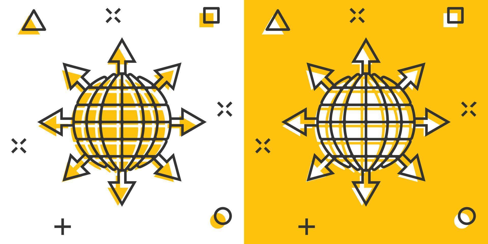 icono del planeta tierra en estilo cómico. ilustración de vector de dibujos animados geográficos de globo sobre fondo blanco aislado. concepto de negocio de efecto de salpicadura de comunicación global.