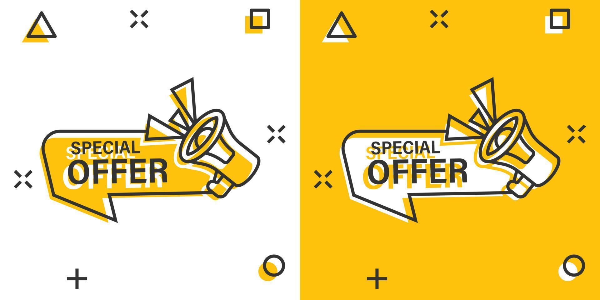 Special offer label icon in comic style. Megaphone with discount cartoon vector illustration on isolated background. Sale splash effect sign business concept.