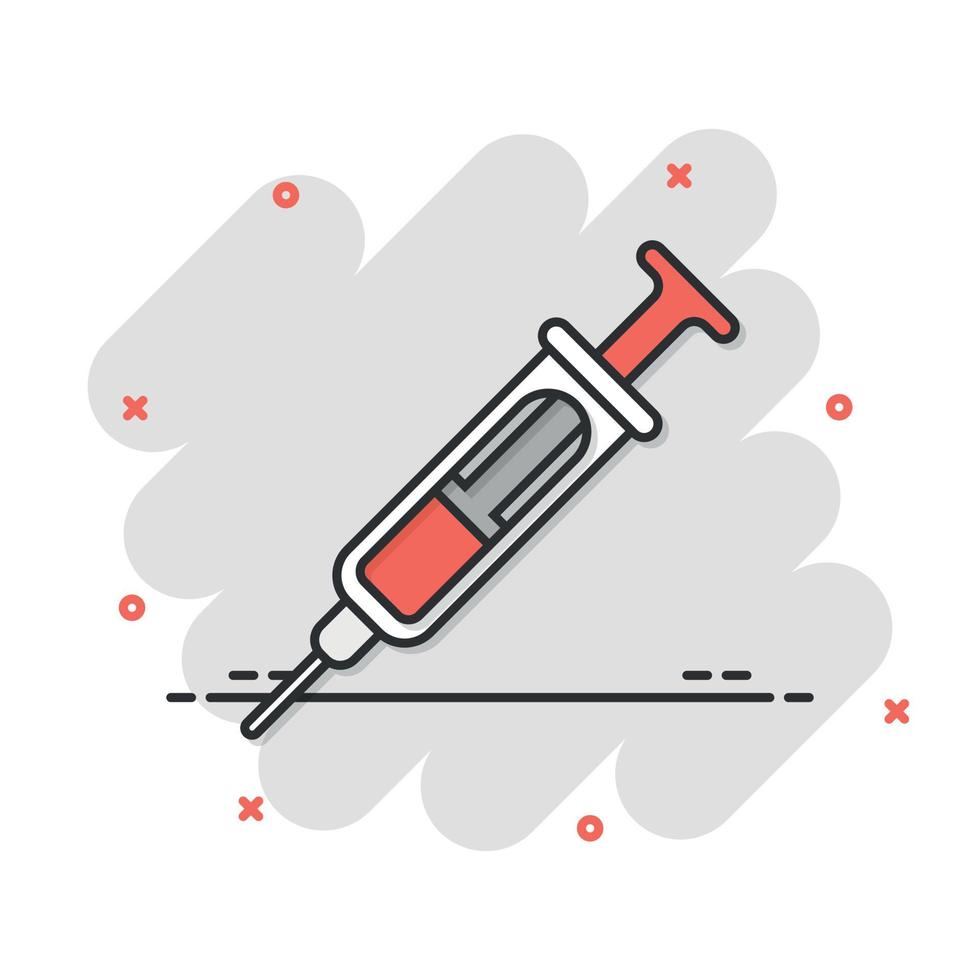 Syringe icon in comic style. Coronavirus vaccine inject cartoon vector illustration on isolated background. Covid-19 vaccination splash effect sign business concept.