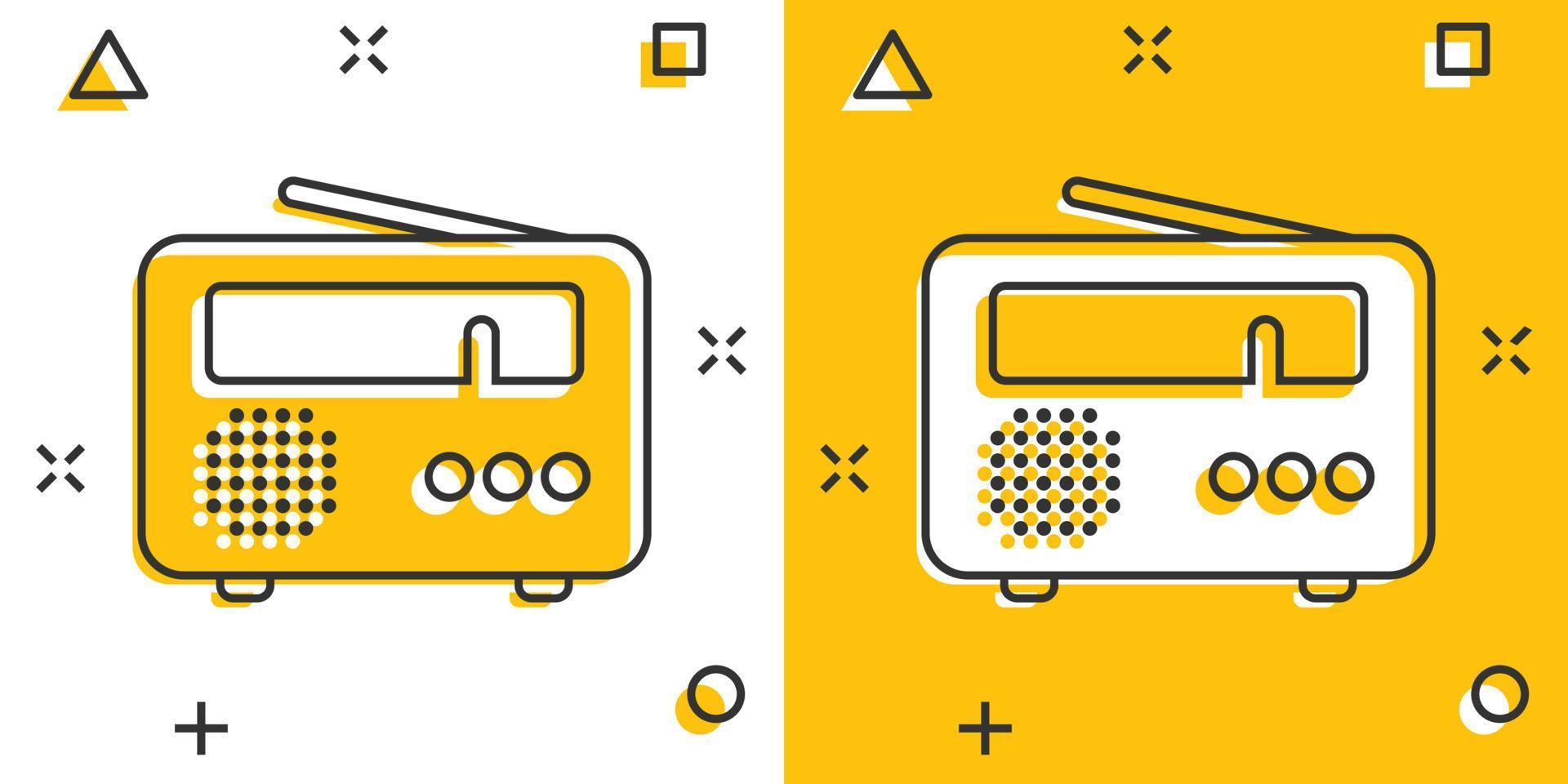 icono de radio en estilo cómico. ilustración de vector de dibujos animados de transmisión fm sobre fondo blanco aislado. concepto de negocio de efecto de salpicadura de radiodifusión.