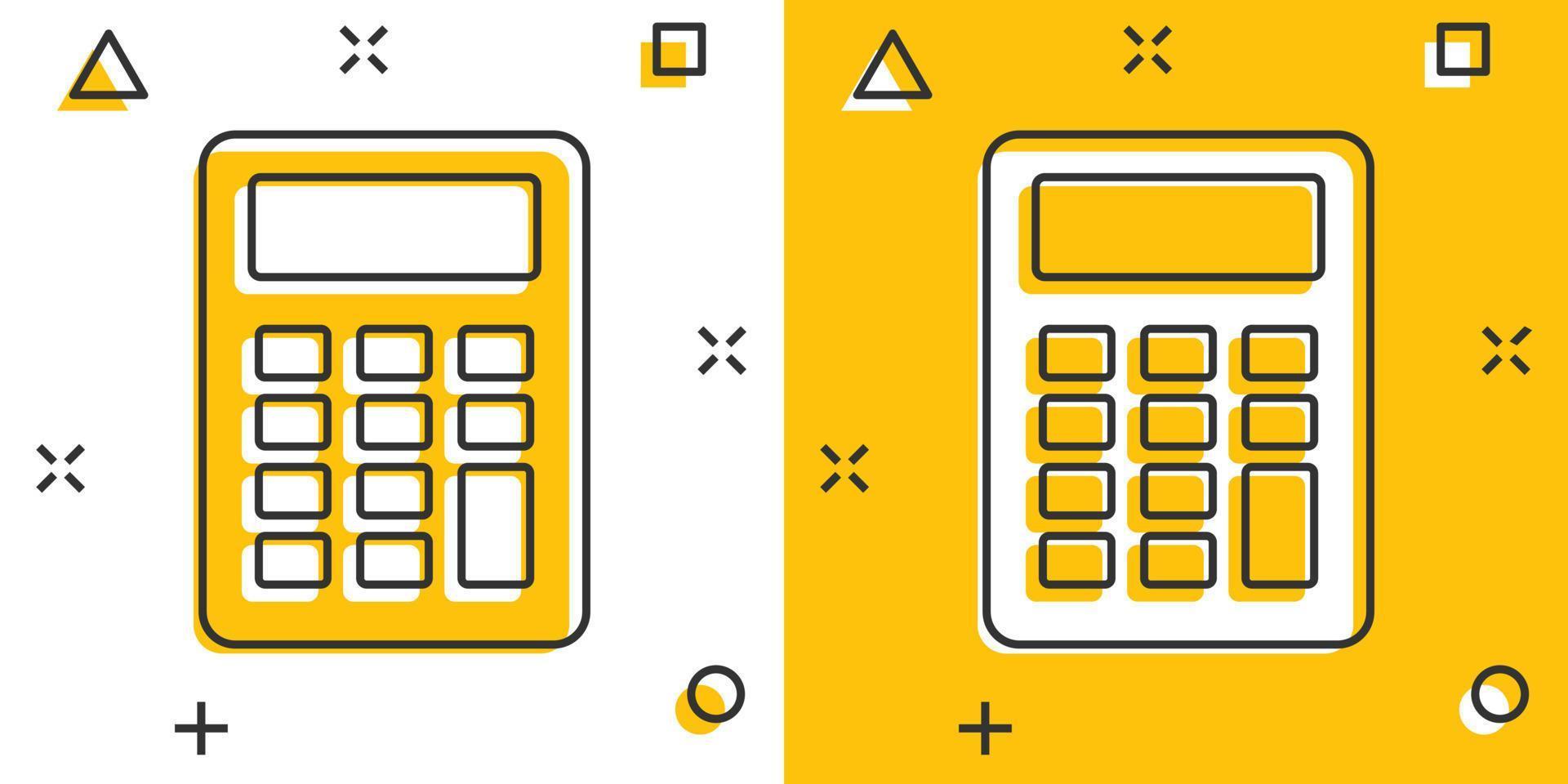 Calculator icon in comic style. Calculate cartoon vector illustration on white isolated background. Calculation splash effect business concept.