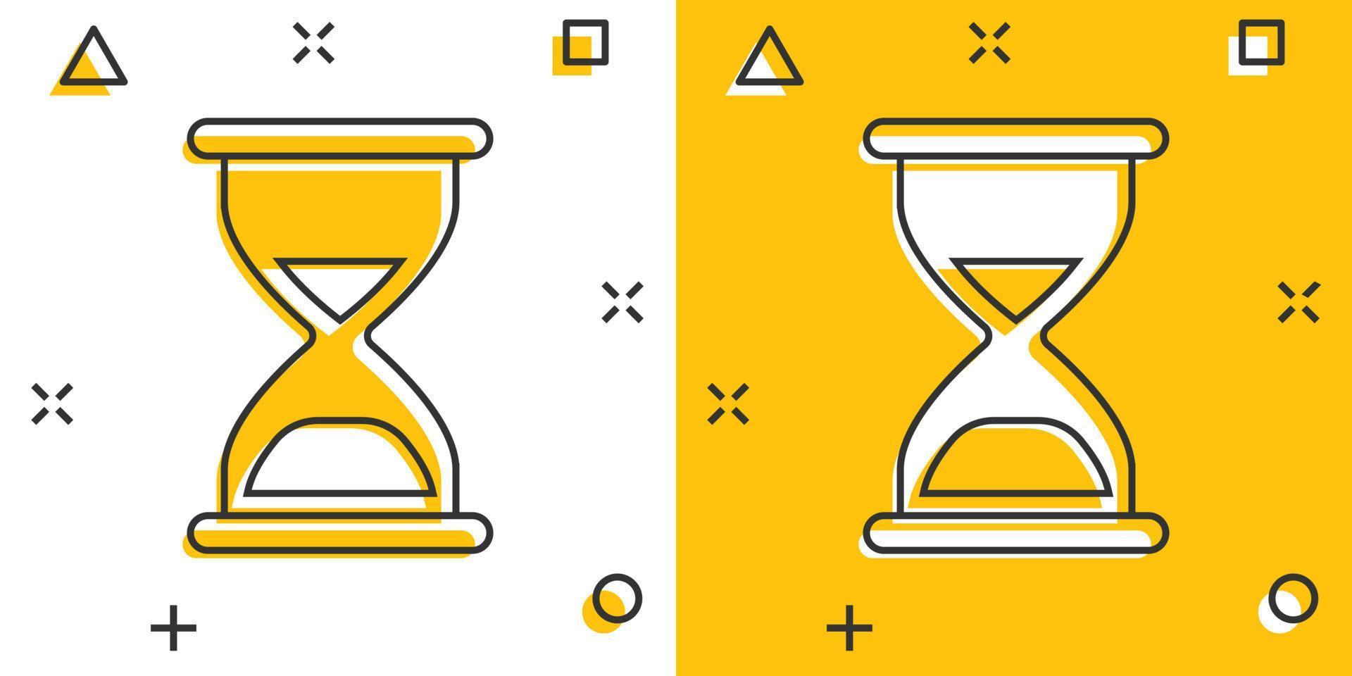 icono de reloj de arena en estilo cómico. ilustración de vector de dibujos animados de reloj de arena sobre fondo blanco aislado. concepto de negocio de efecto de salpicadura de reloj.