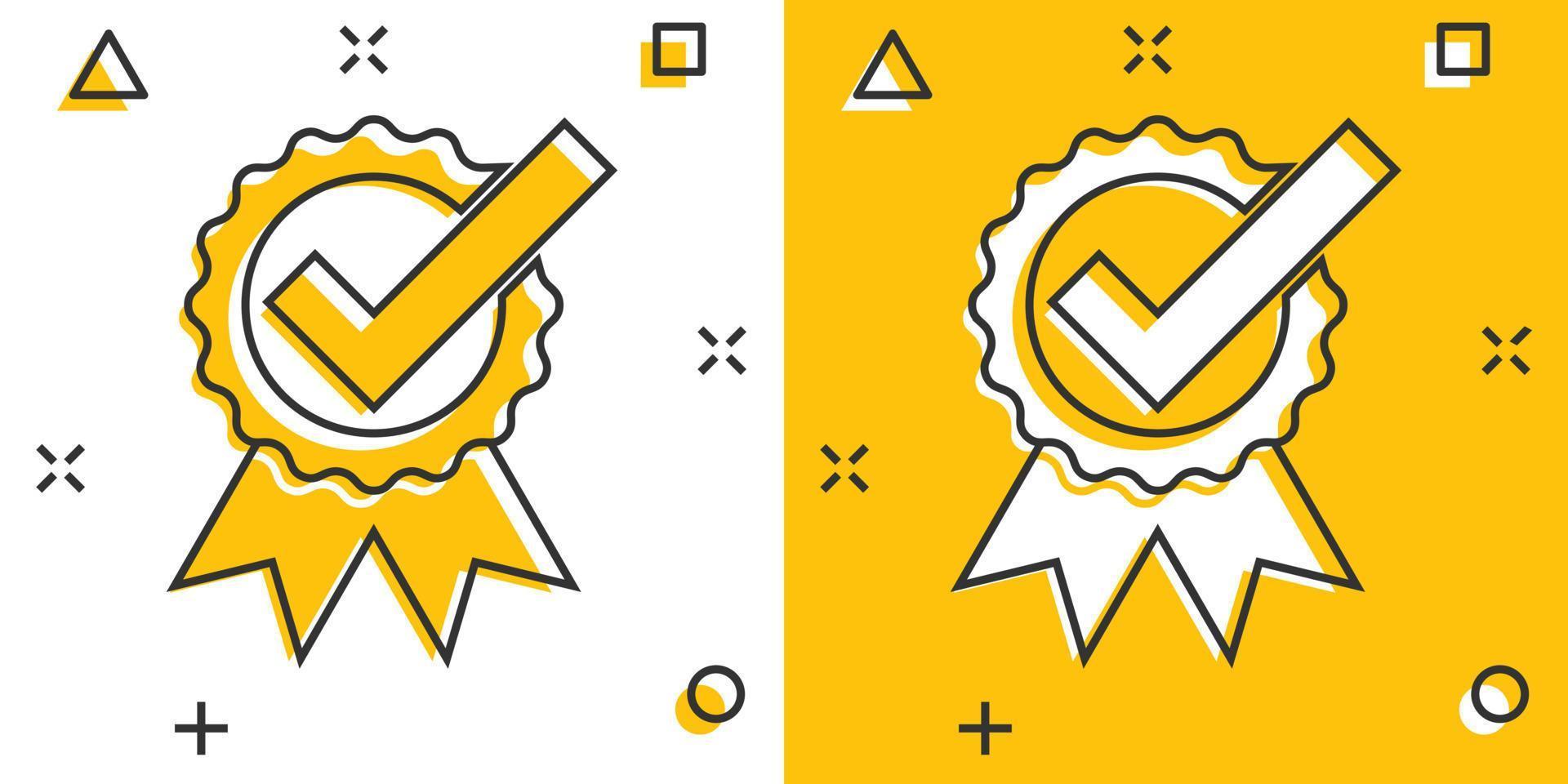 Check mark sign icon in comic style. Confirm button cartoon vector illustration on white isolated background. Accepted splash effect business concept.