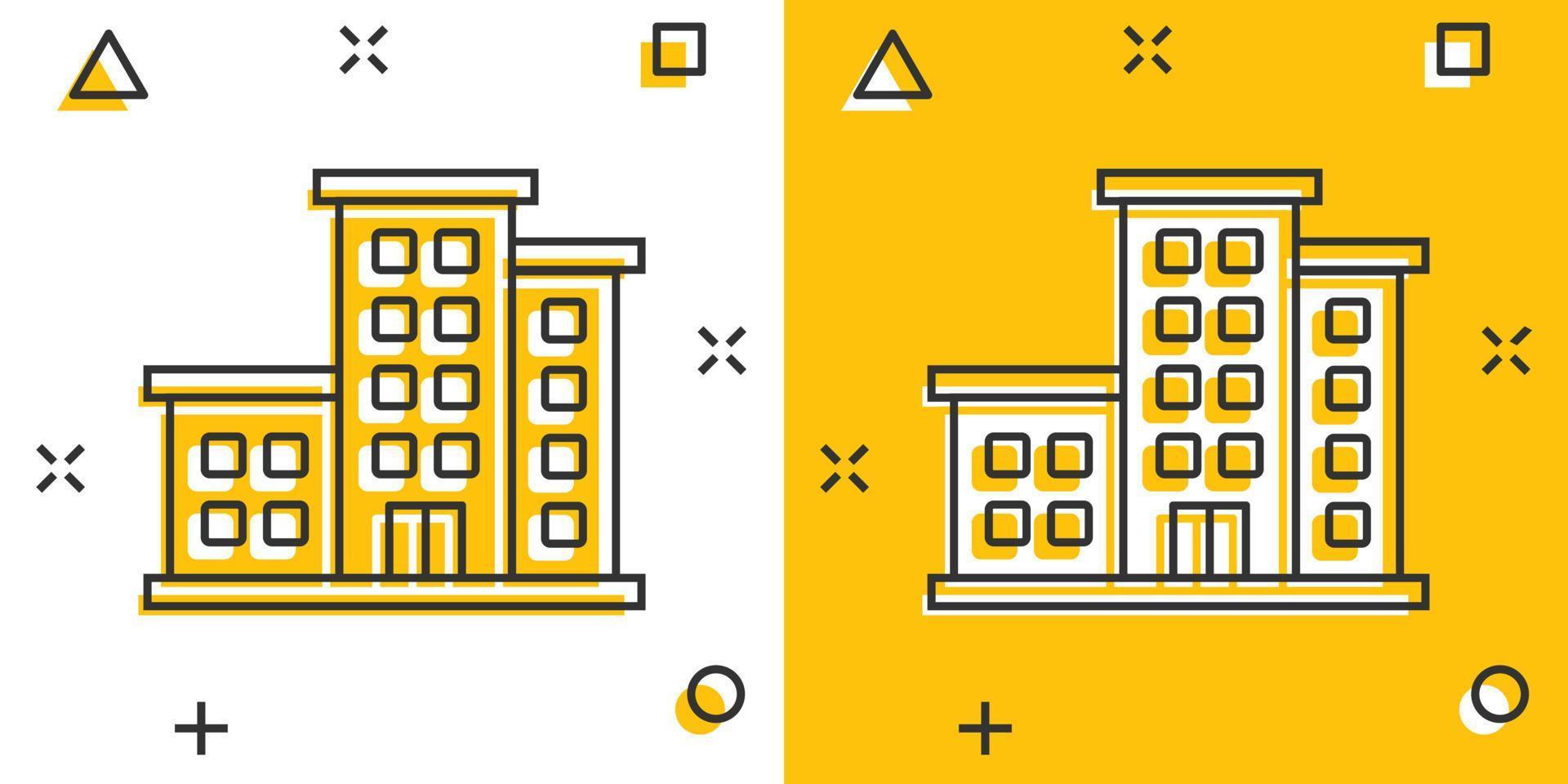 icono de signo de edificio de oficinas en estilo cómico. ilustración de vector de dibujos animados de apartamento sobre fondo aislado. concepto de negocio de efecto de salpicadura de arquitectura.