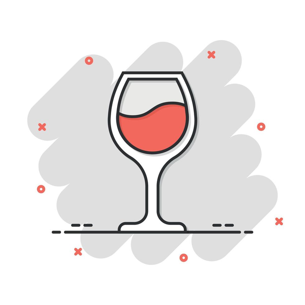 icono de copa de vino en estilo cómico. Ilustración de vector de dibujos animados de bebidas de champán sobre fondo aislado. concepto de negocio de señal de efecto de salpicadura de bebida de cóctel.