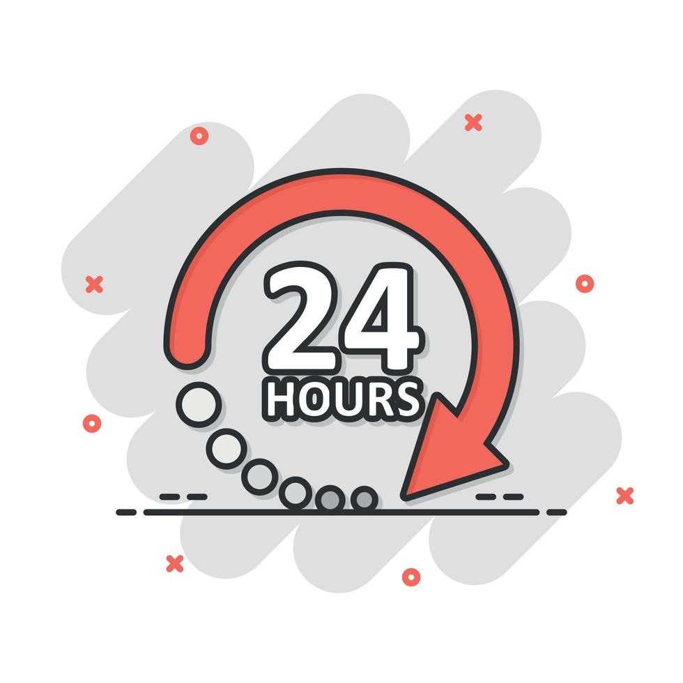 24 hours service icon in comic style. All day business and service cartoon vector illustration on isolated background. Quick service time splash effect sign business concept.