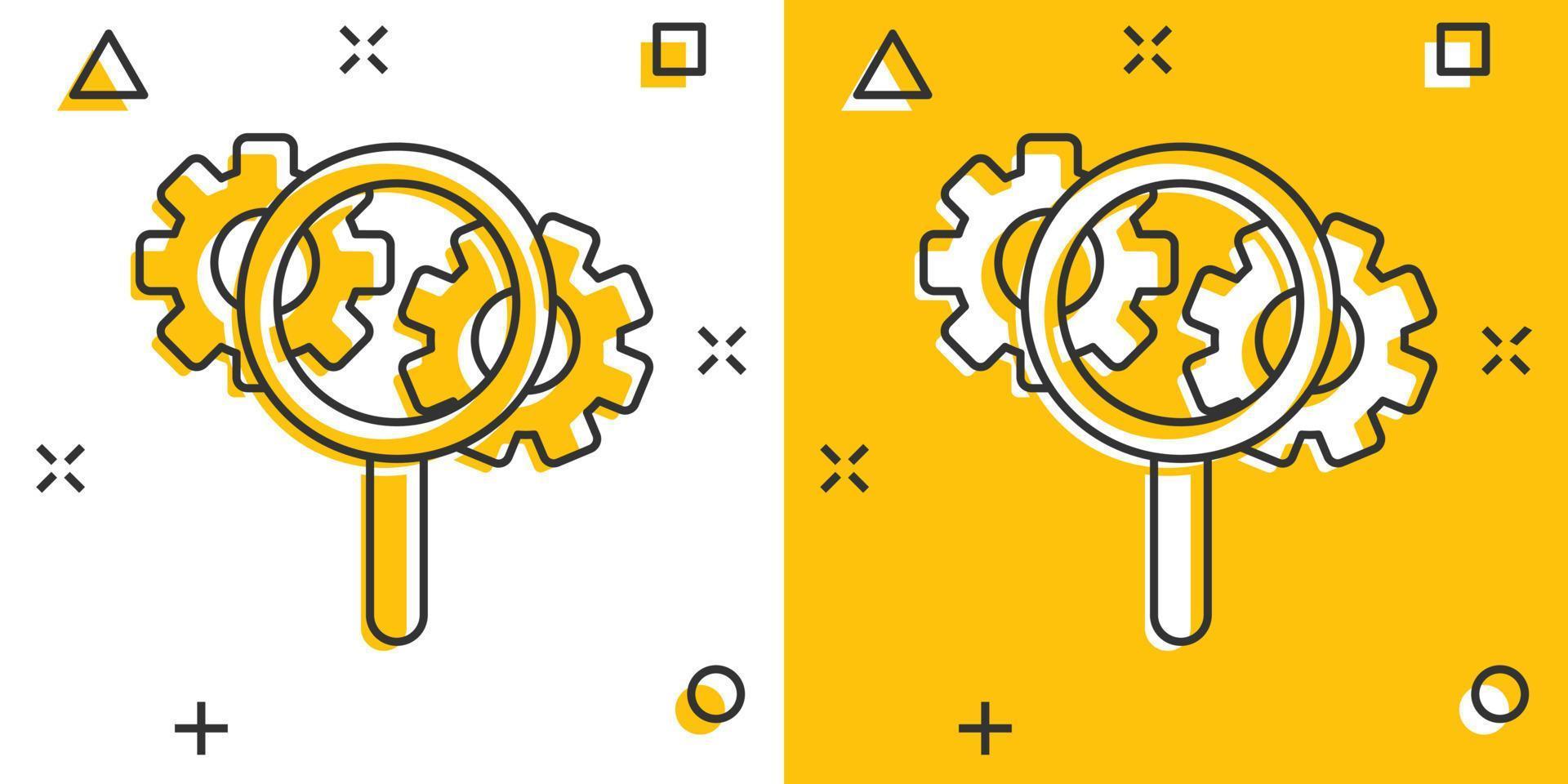 Loupe with gear icon in comic style. Magnifying glass cartoon vector illustration on white isolated background. Seo exploration splash effect business concept.