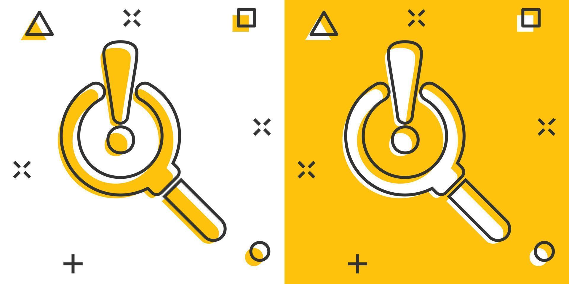 Risk analysis icon in comic style. Exclamation magnifier cartoon vector illustration on white isolated background. Attention splash effect business concept.