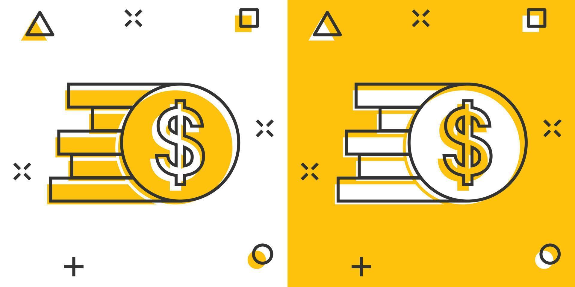 icono de pila de monedas en estilo cómico. ilustración de vector de dibujos animados de moneda de dólar sobre fondo blanco aislado. concepto de negocio de efecto de salpicadura de dinero apilado.